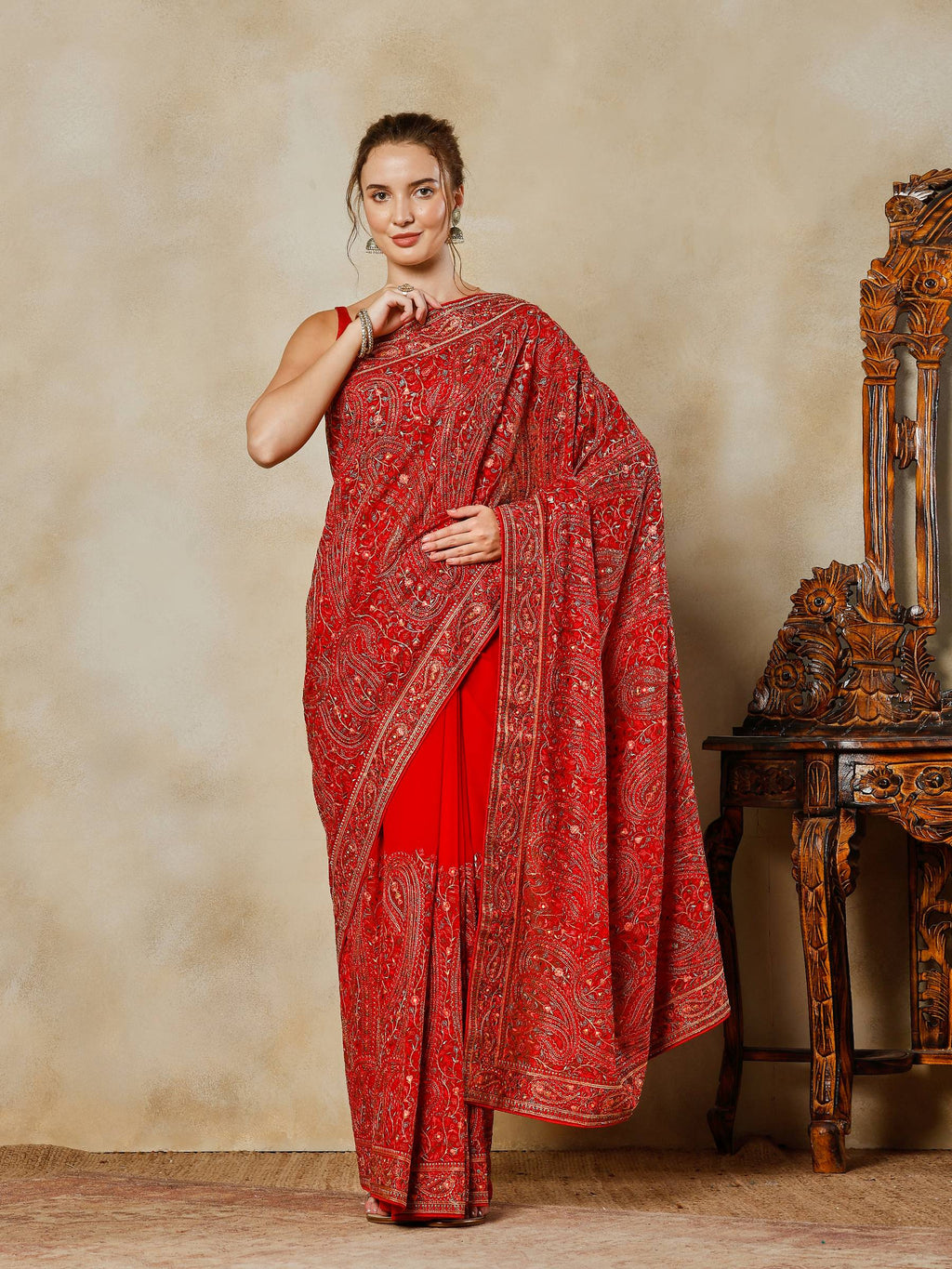Red Embroidered Georgette Saree