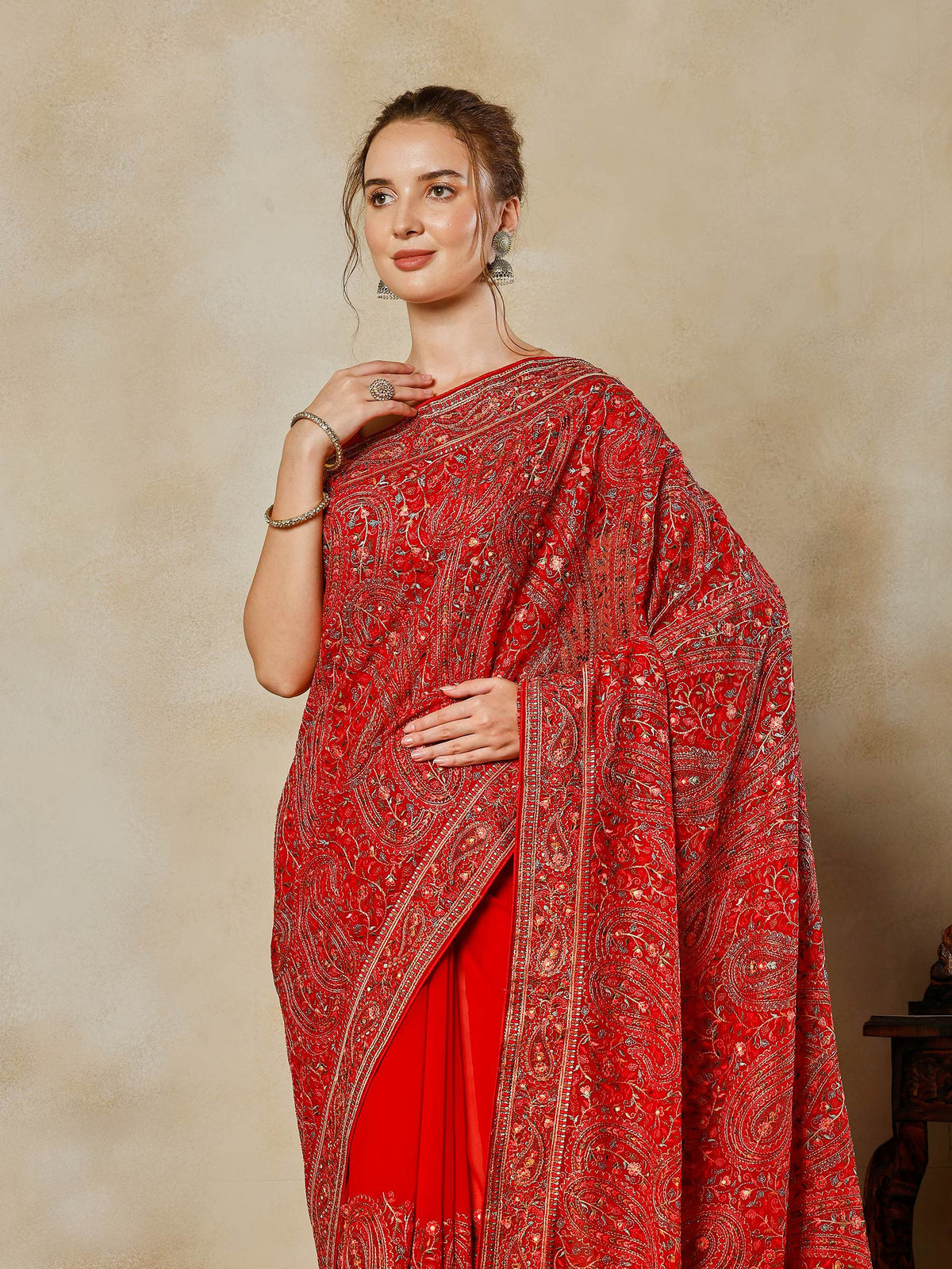 Red Embroidered Georgette Saree