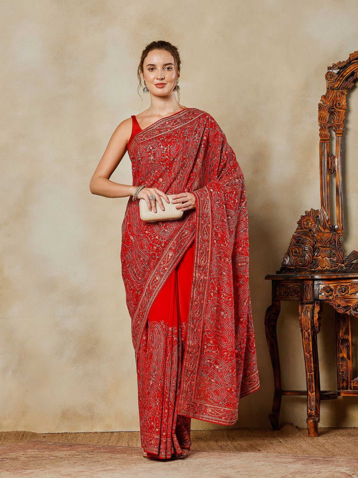 Red Embroidered Georgette Saree