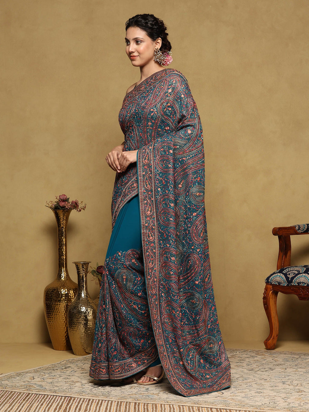 Teal Green Embroidered Georgette Saree