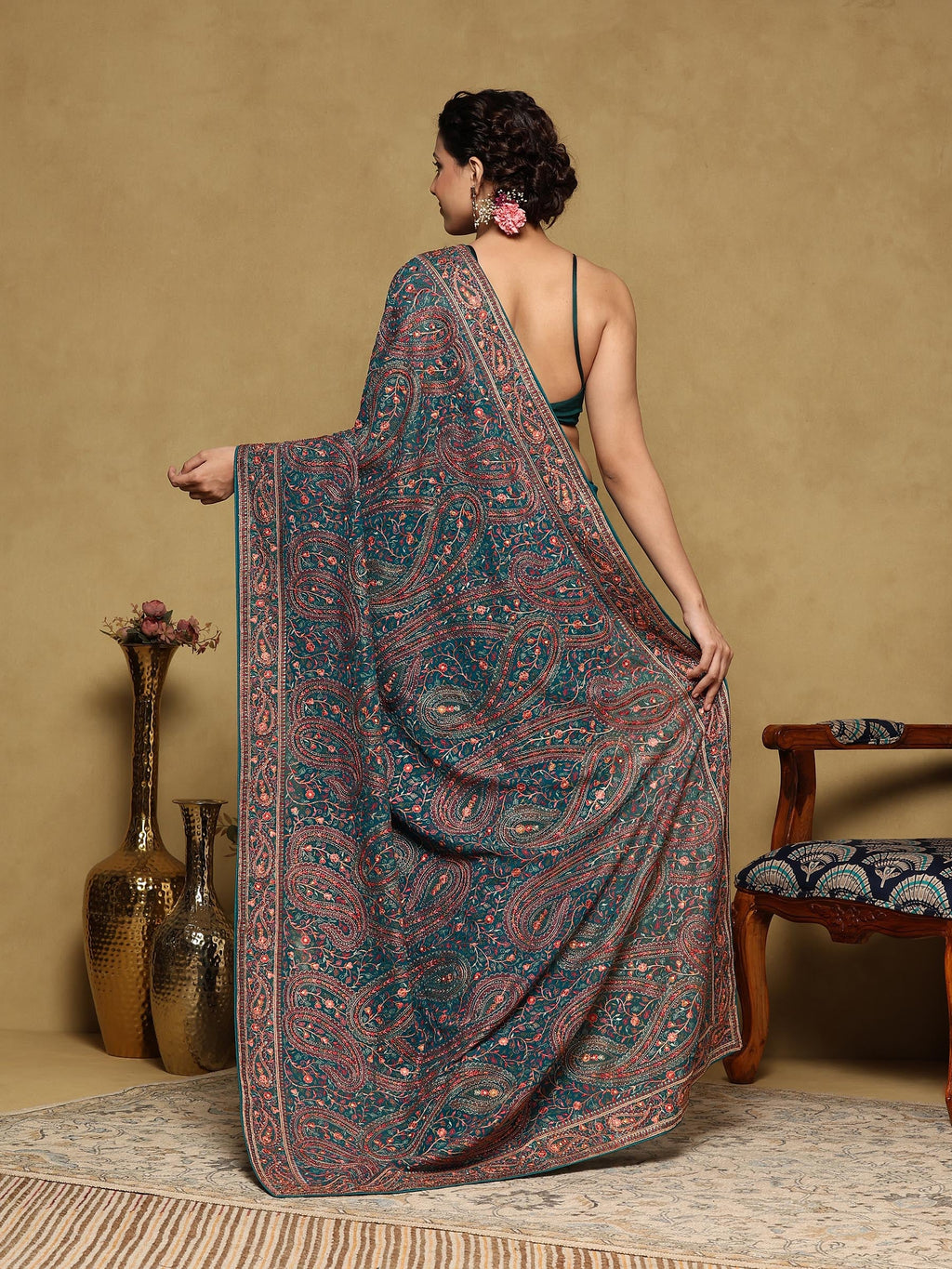 Teal Green Embroidered Georgette Saree