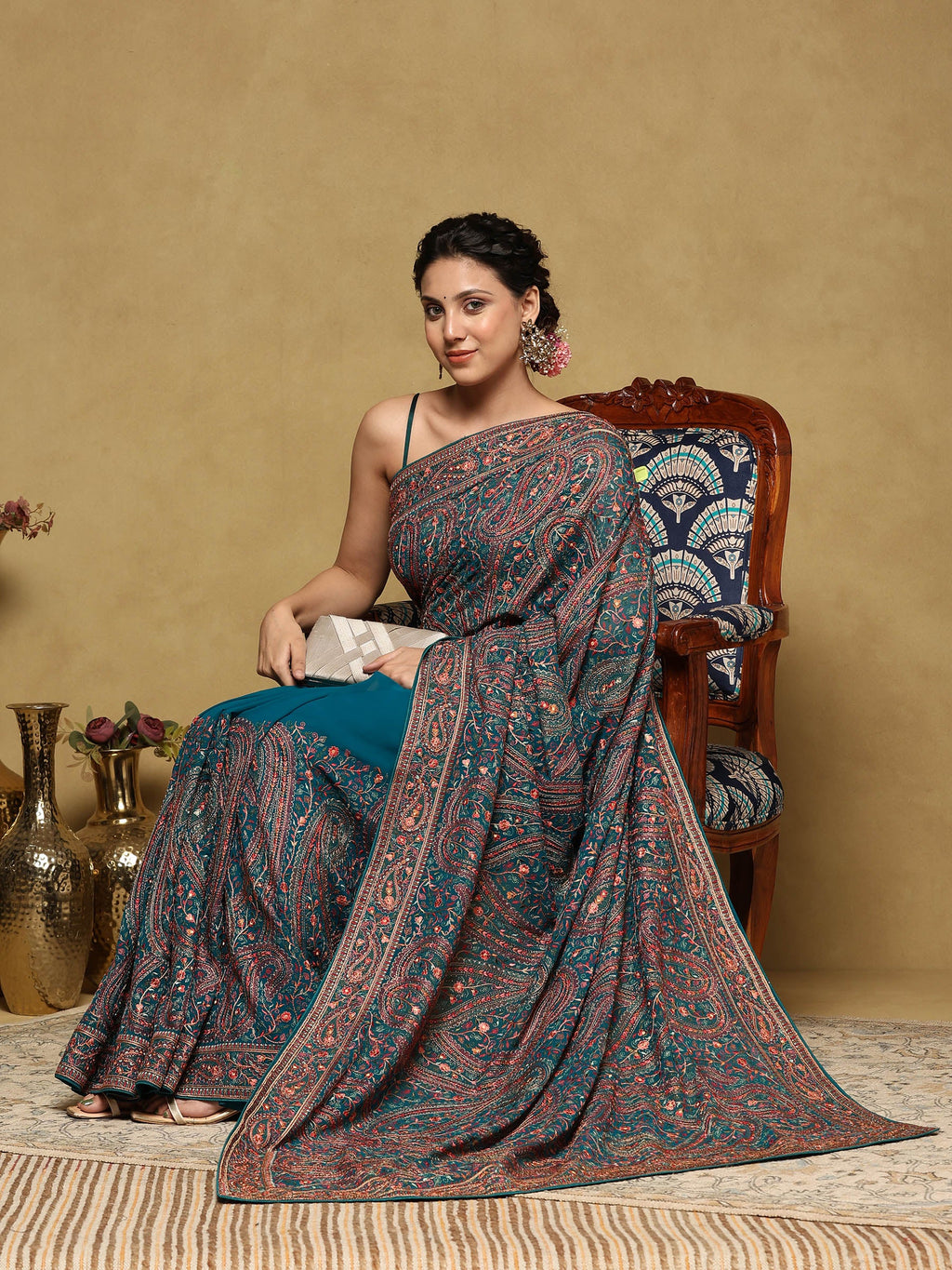 Teal Green Embroidered Georgette Saree
