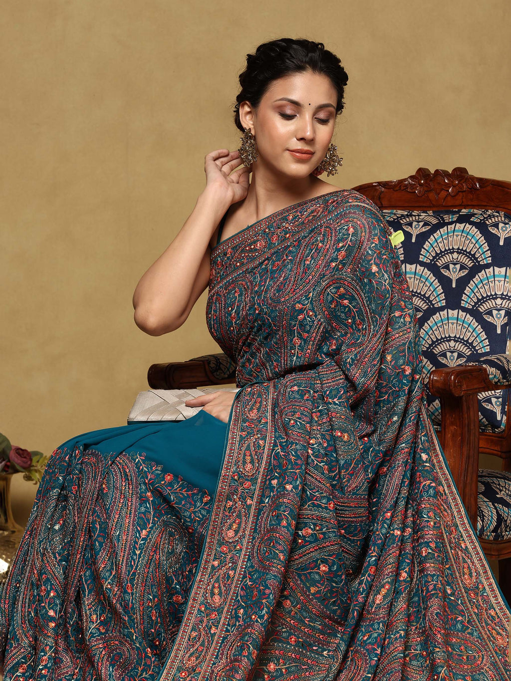 Teal Green Embroidered Georgette Saree