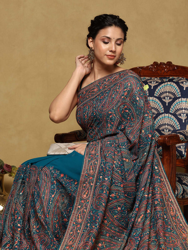 Teal Green Embroidered Georgette Saree