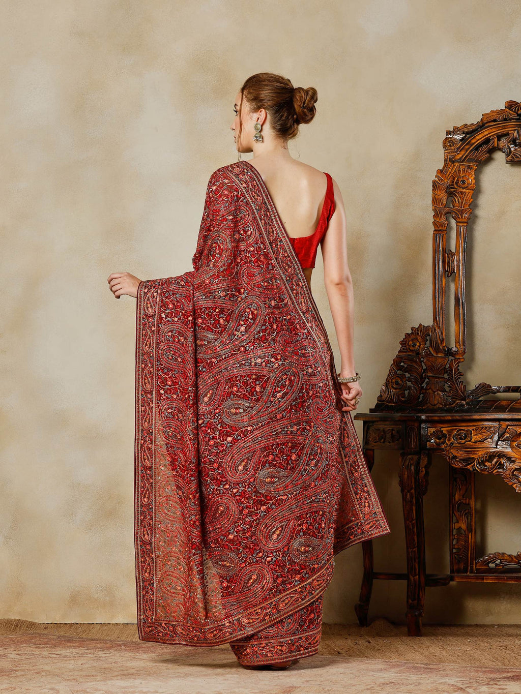 Wine Embroidered Georgette Saree