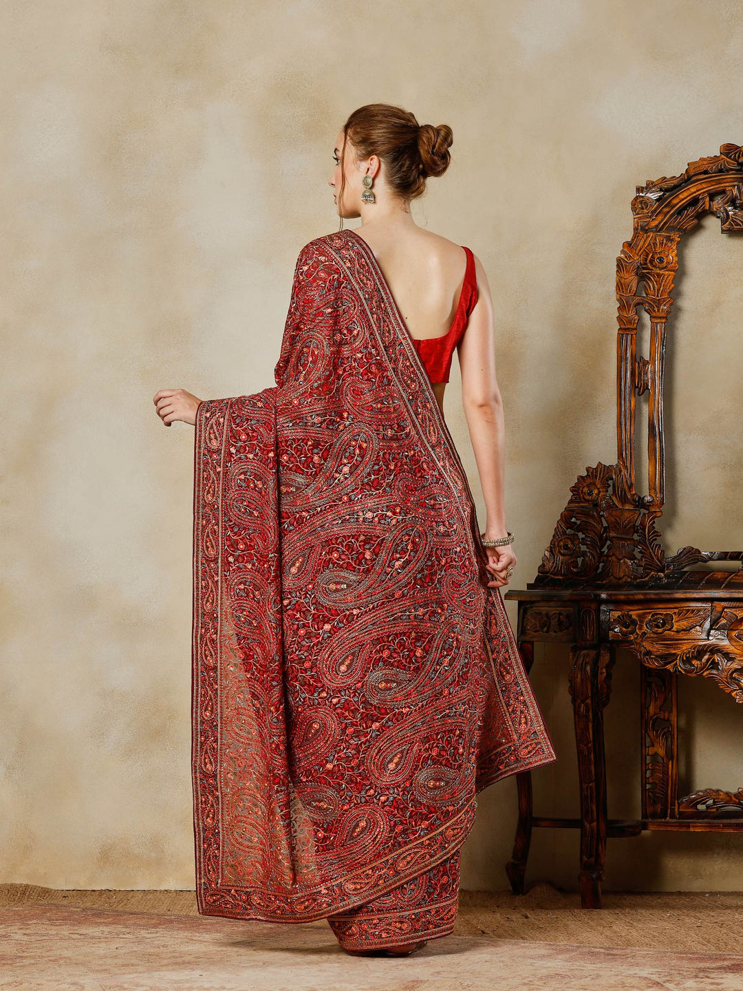 Wine Embroidered Georgette Saree