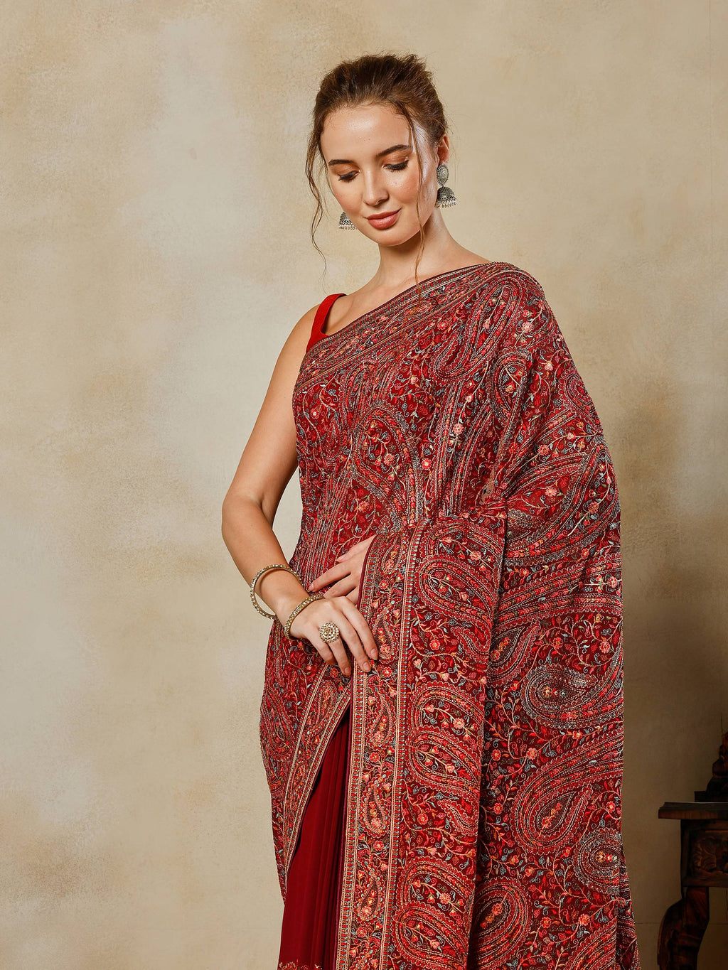 Wine Embroidered Georgette Saree