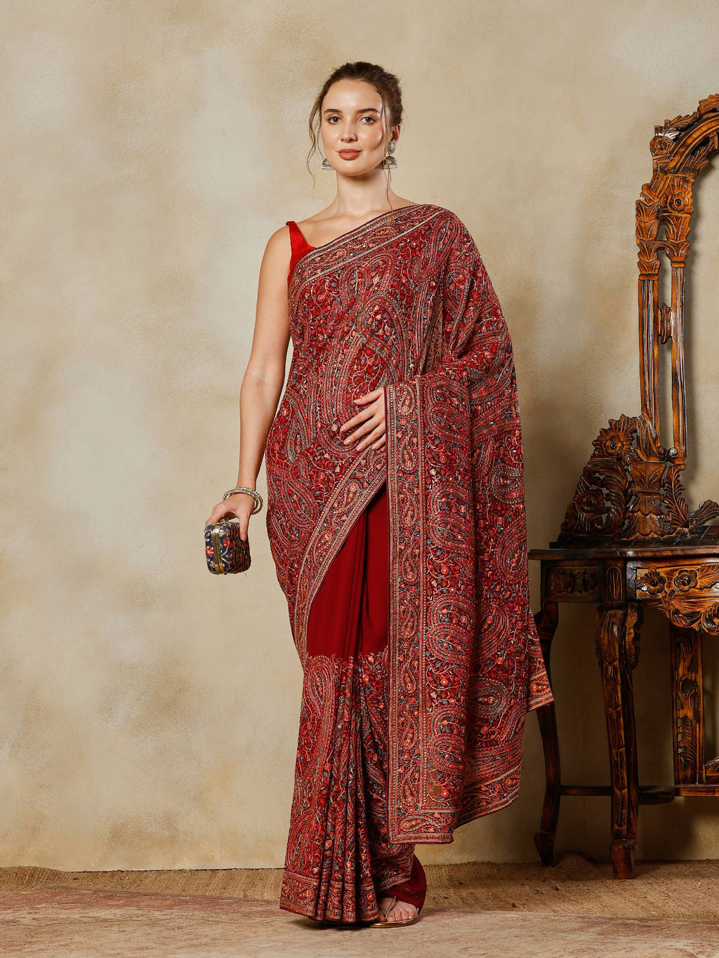 Wine Embroidered Georgette Saree