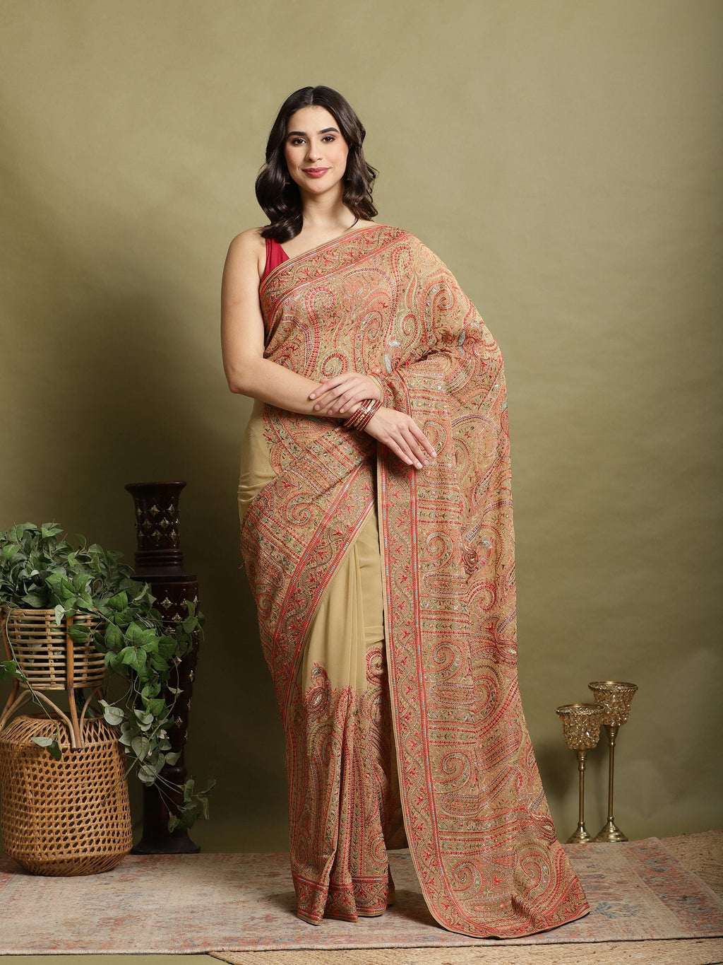 Beige Embroidered Georgette Saree