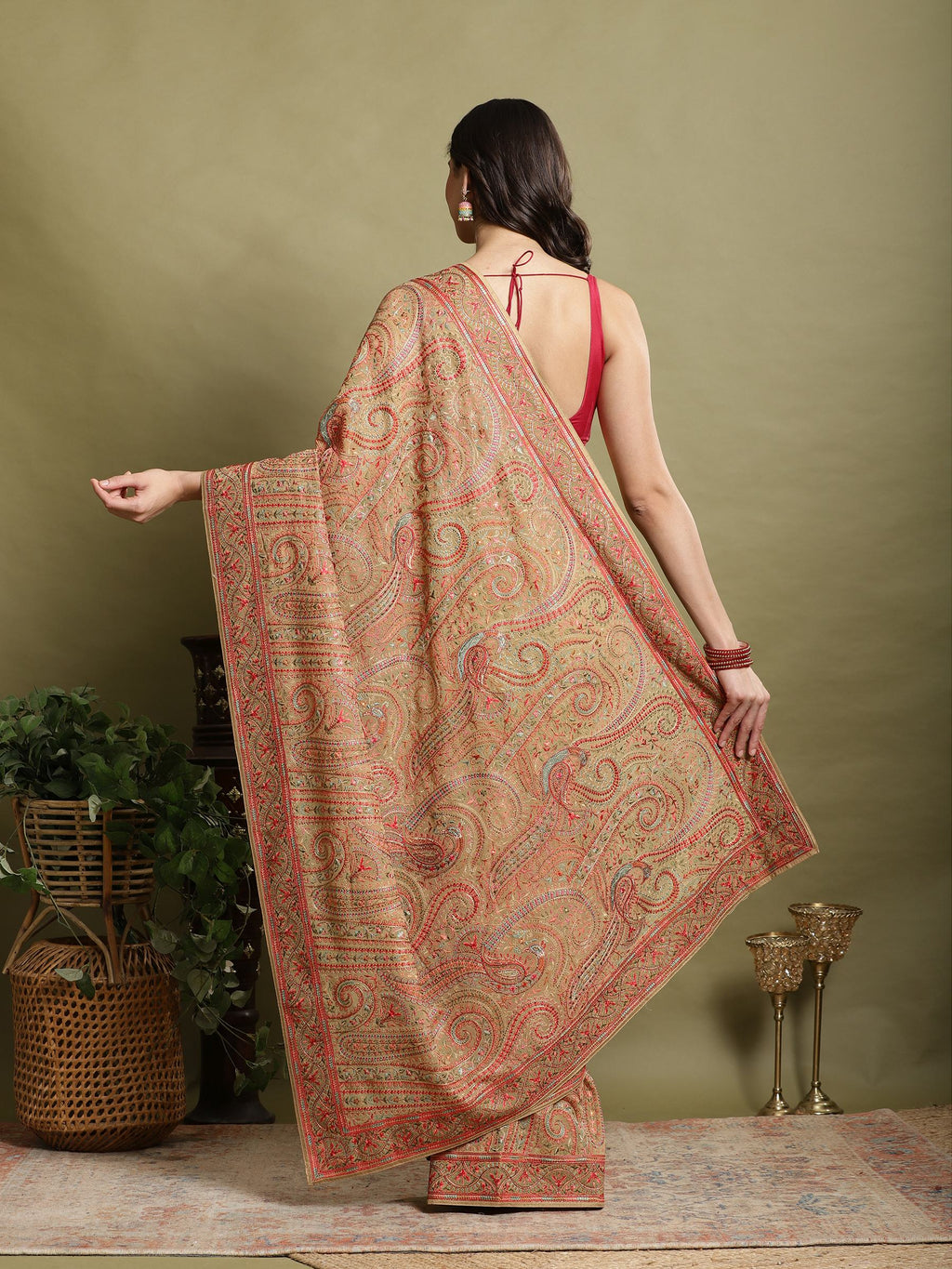Beige Embroidered Georgette Saree