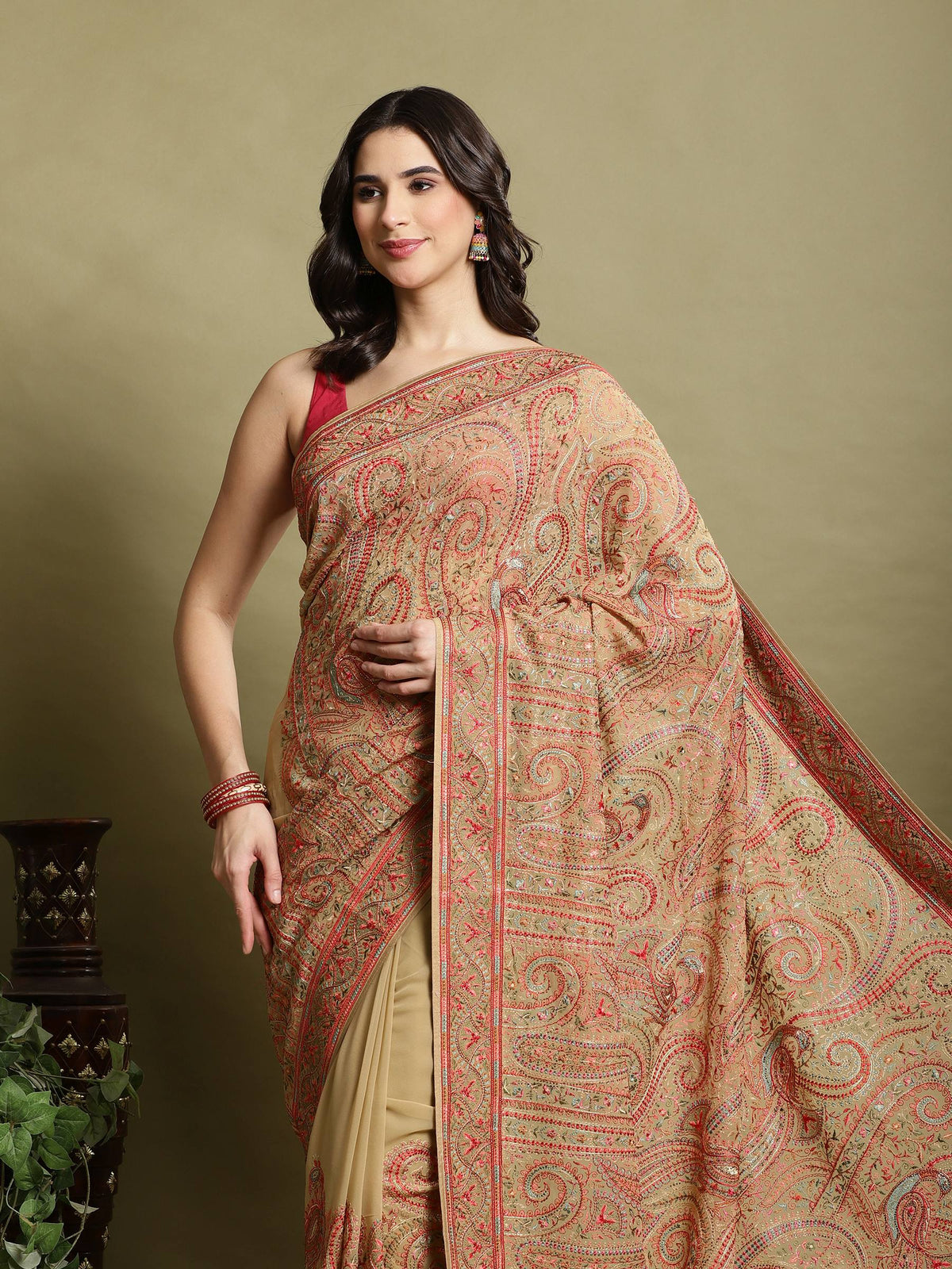 Beige Embroidered Georgette Saree