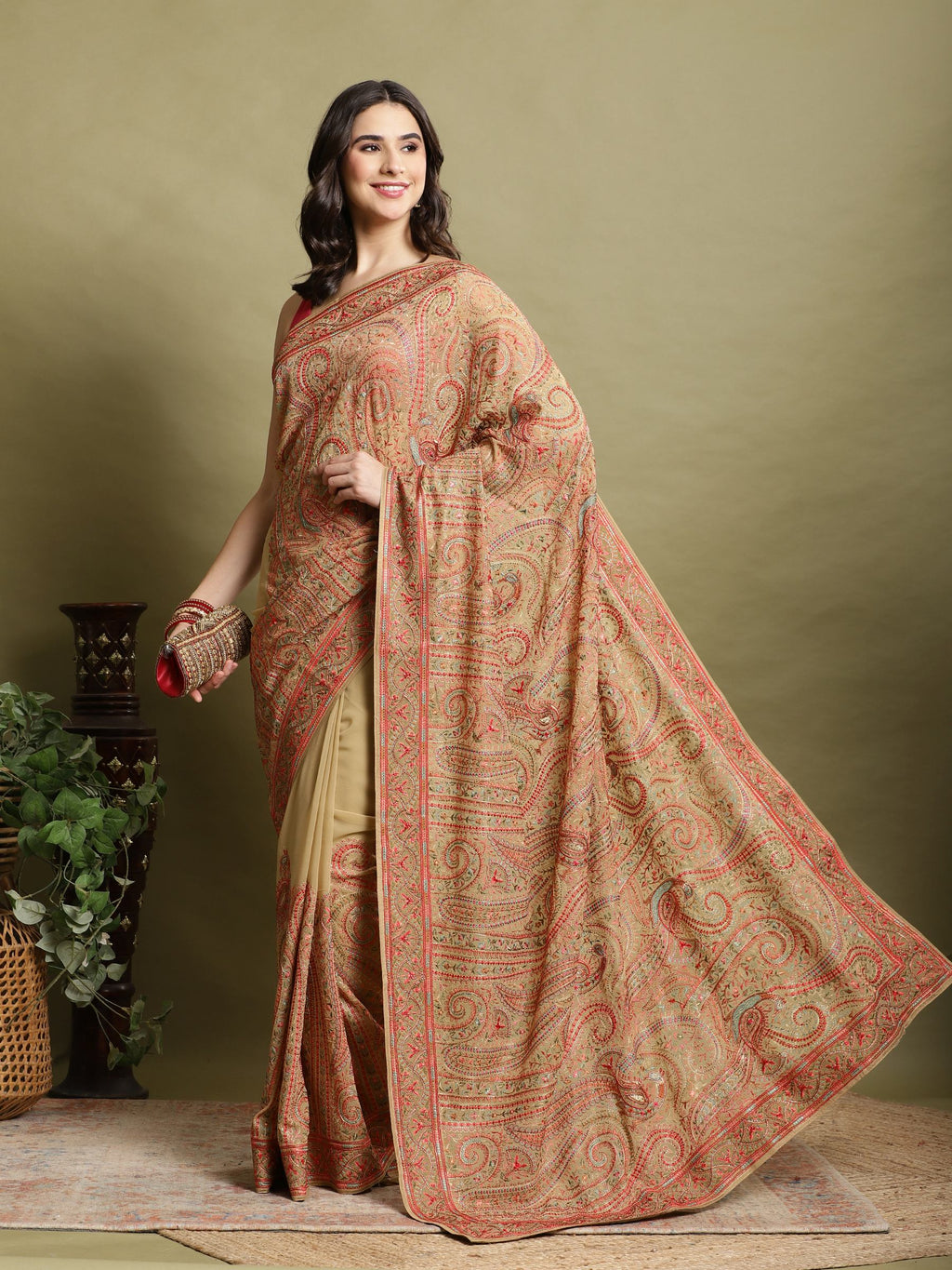 Beige Embroidered Georgette Saree