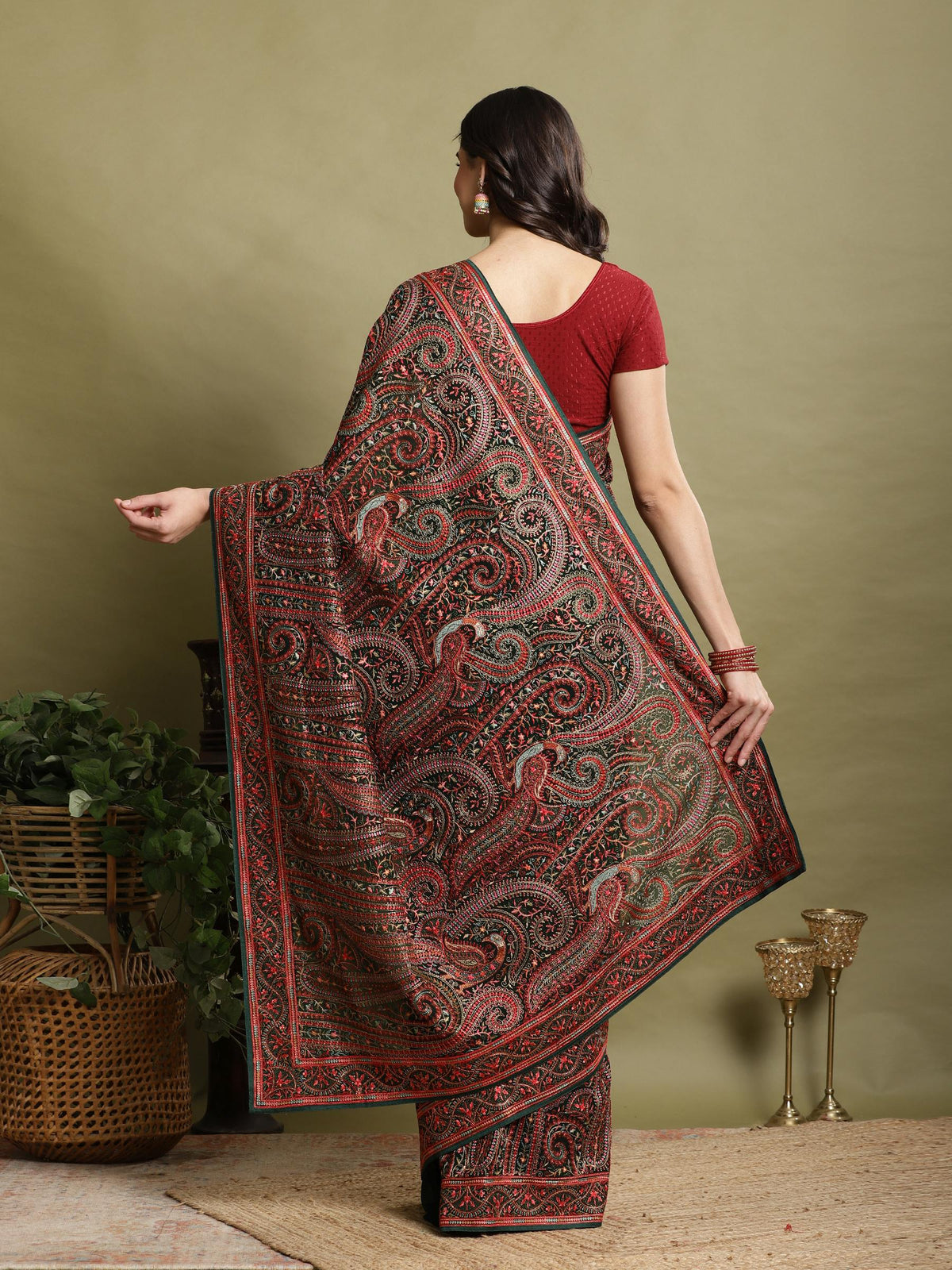 Bottle Green Embroidered Georgette Saree