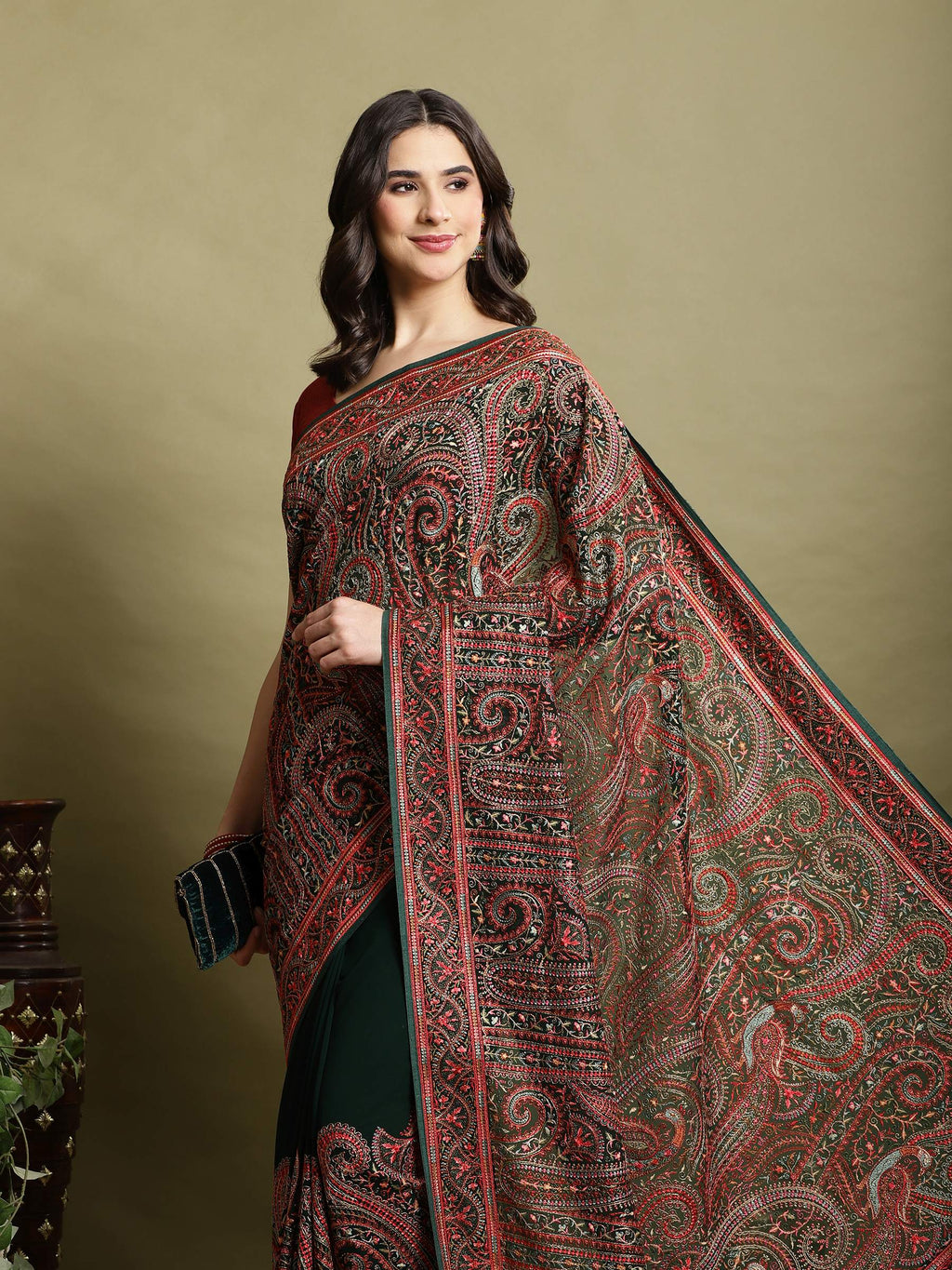 Bottle Green Embroidered Georgette Saree