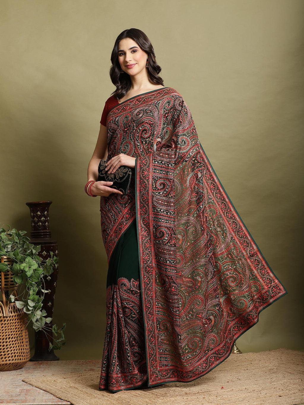 Bottle Green Embroidered Georgette Saree