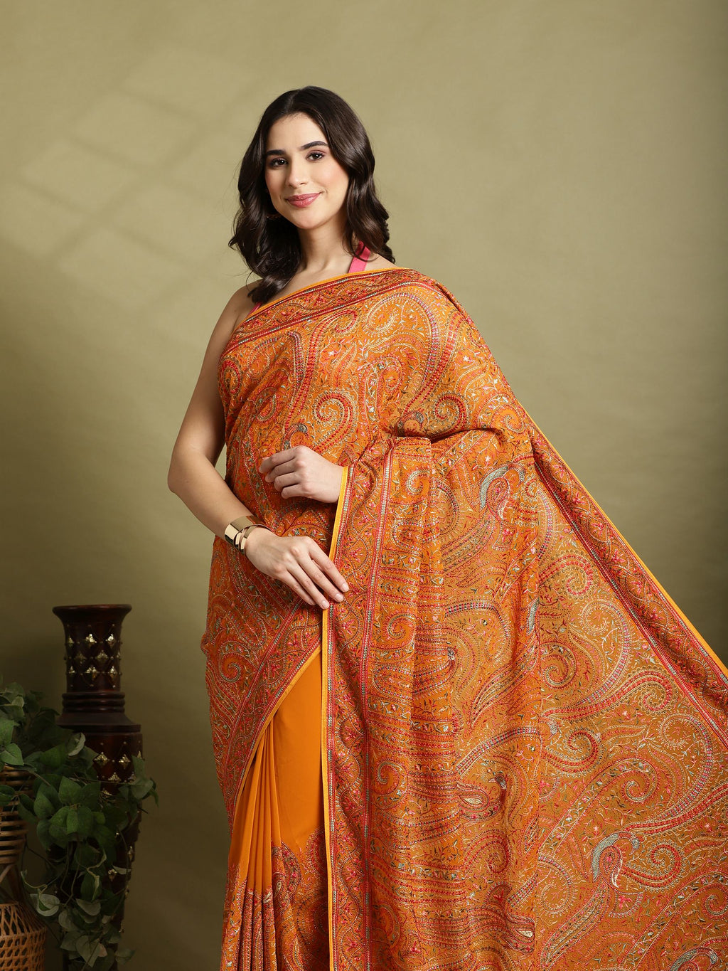 Mustard Embroidered Georgette Saree