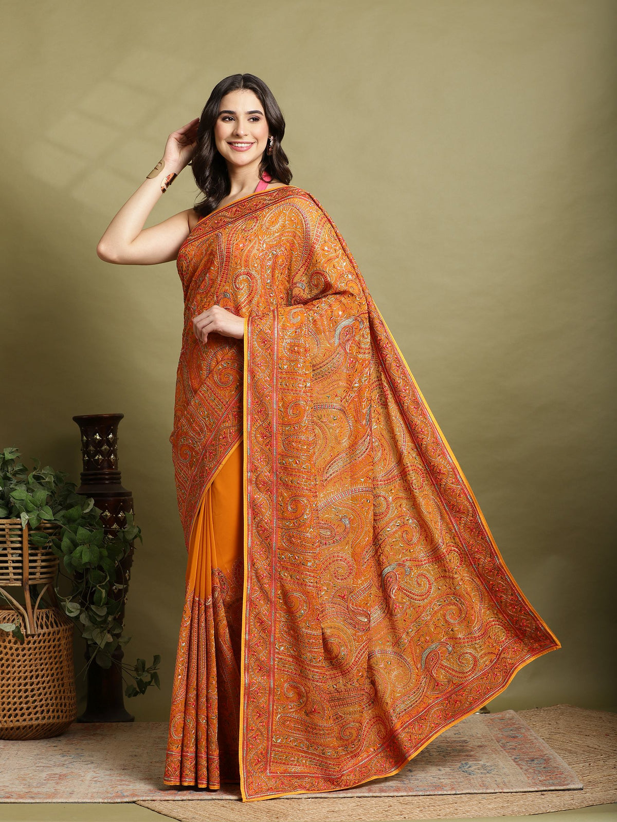 Mustard Embroidered Georgette Saree