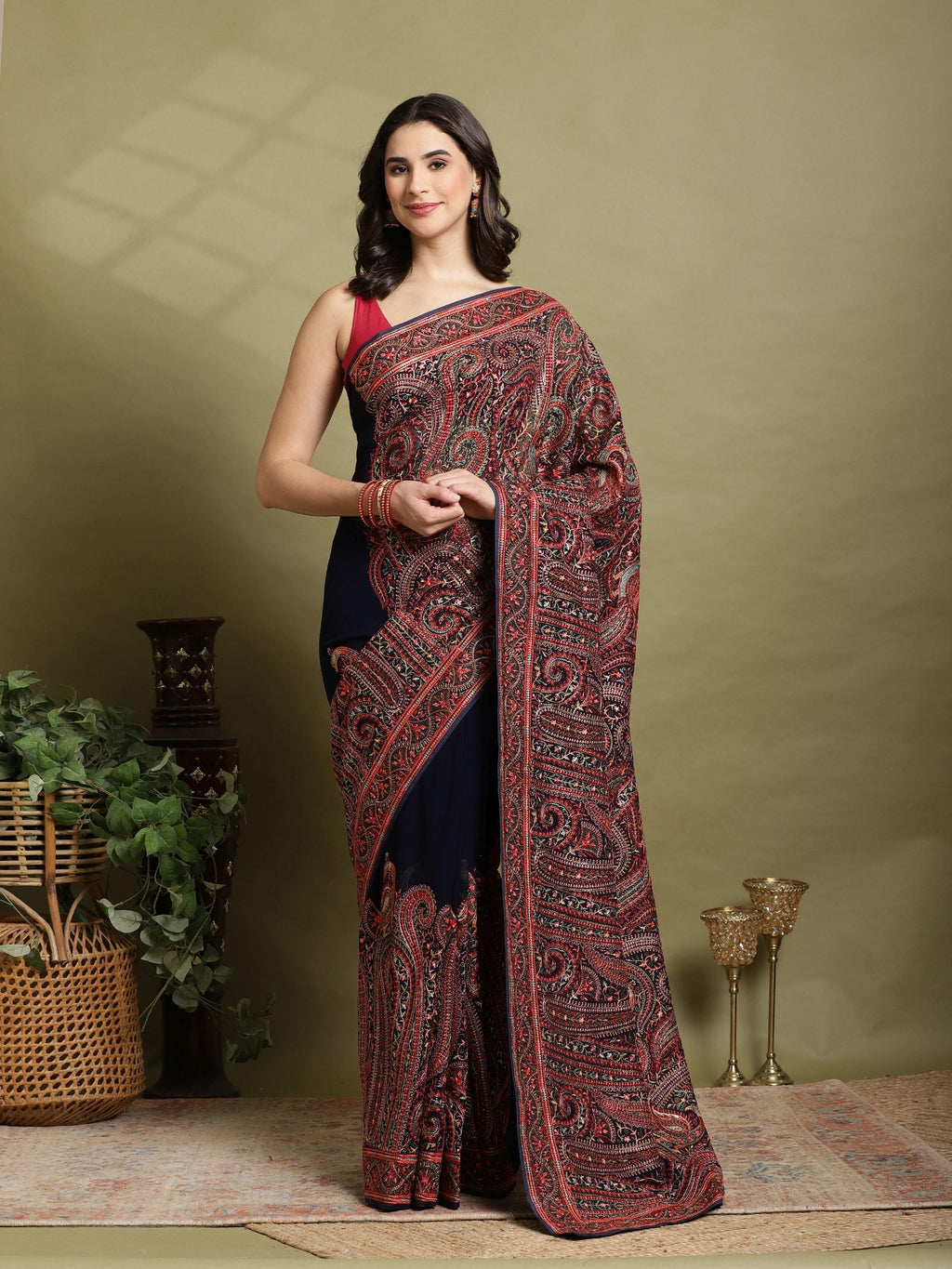 Navy Blue Embroidered Georgette Saree