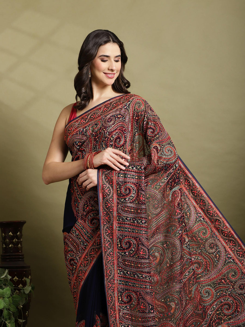 Navy Blue Embroidered Georgette Saree