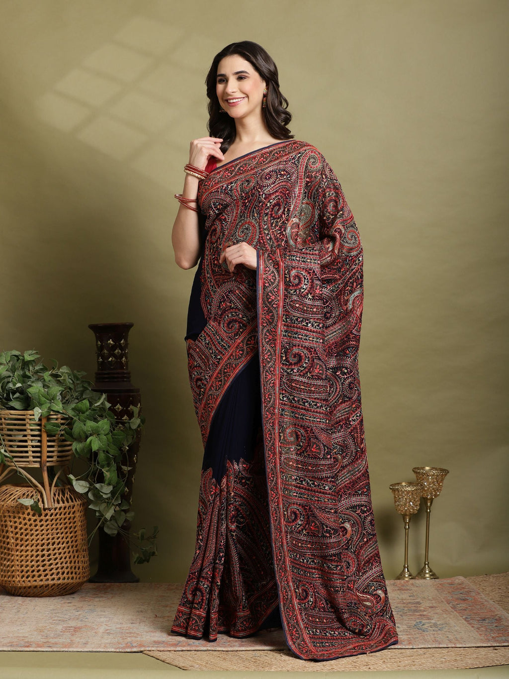 Navy Blue Embroidered Georgette Saree