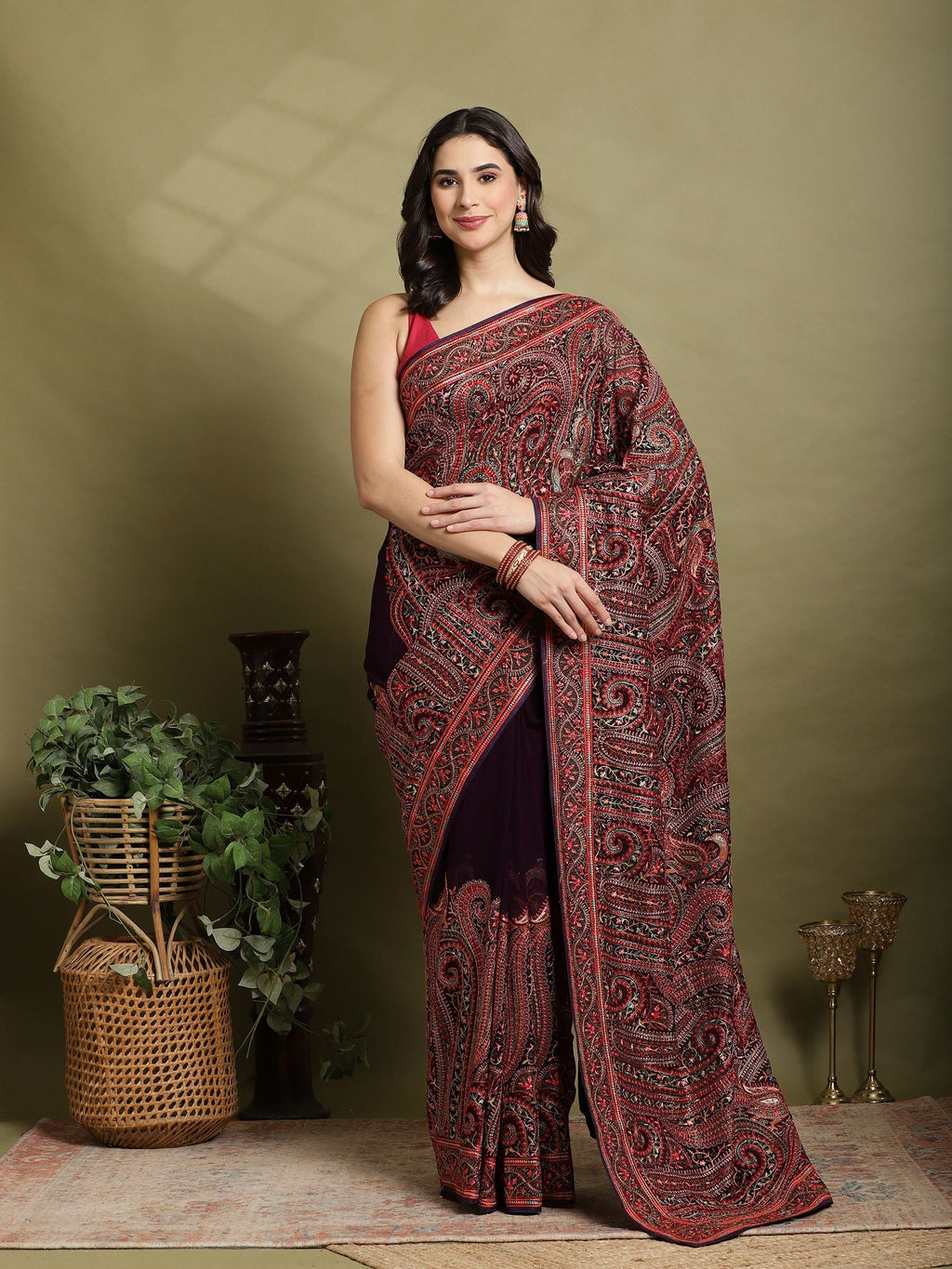 Purple Embroidered Georgette Saree