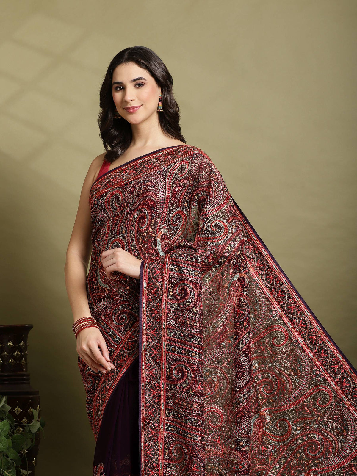 Purple Embroidered Georgette Saree