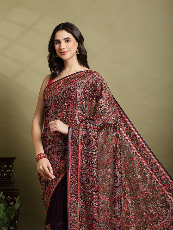 Purple Embroidered Georgette Saree