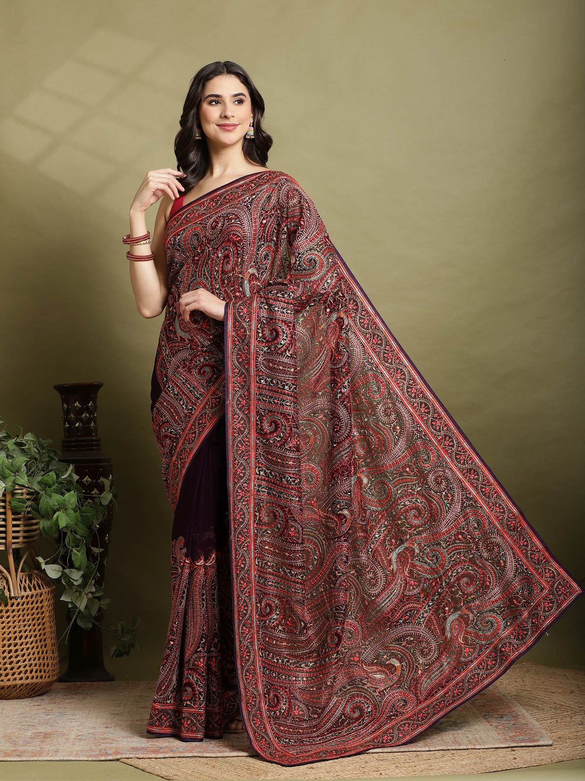 Purple Embroidered Georgette Saree