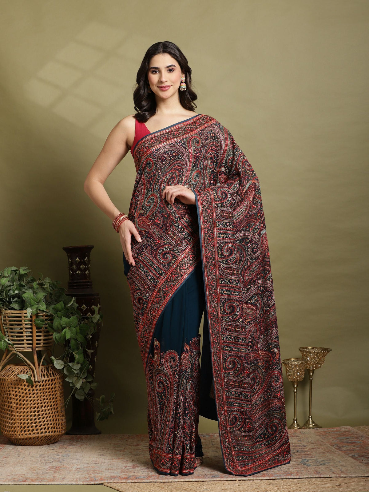Teal Blue Embroidered Georgette Saree