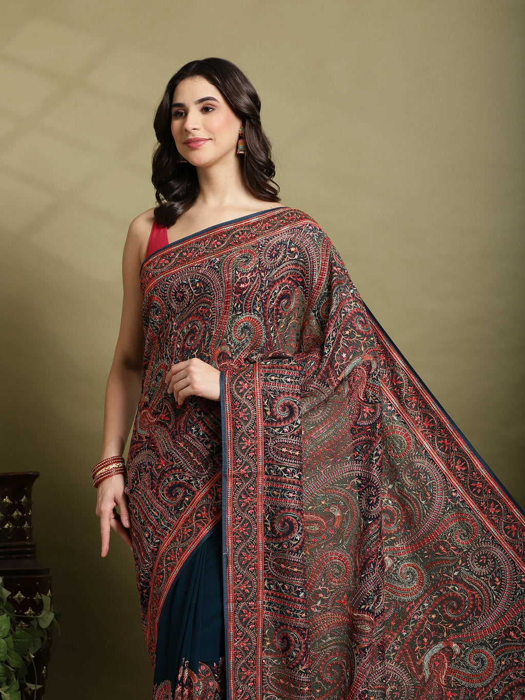 Teal Blue Embroidered Georgette Saree