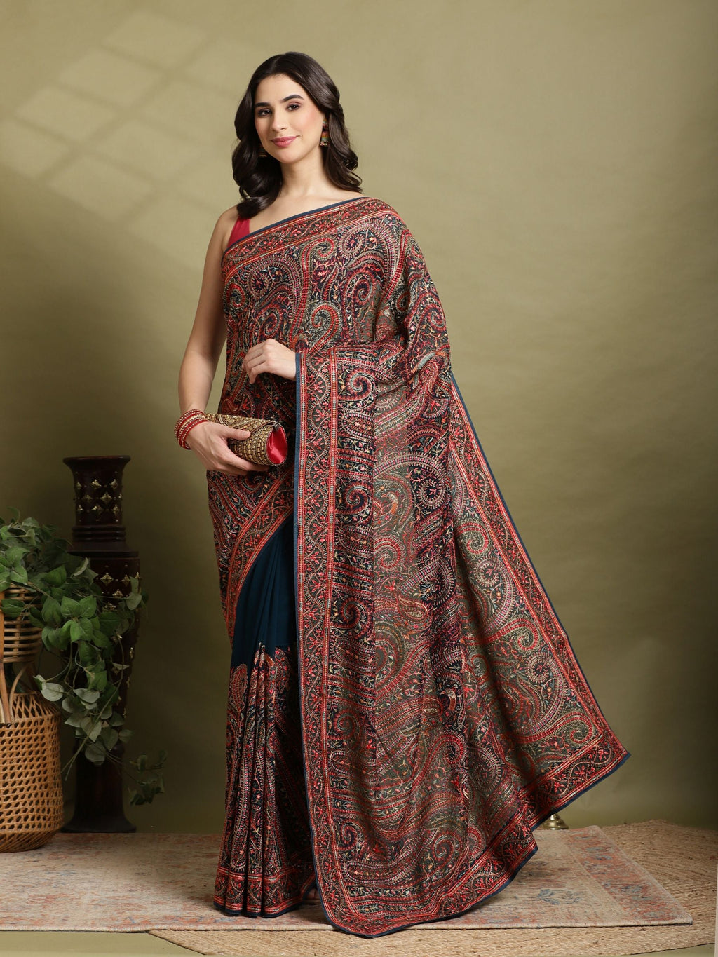 Teal Blue Embroidered Georgette Saree