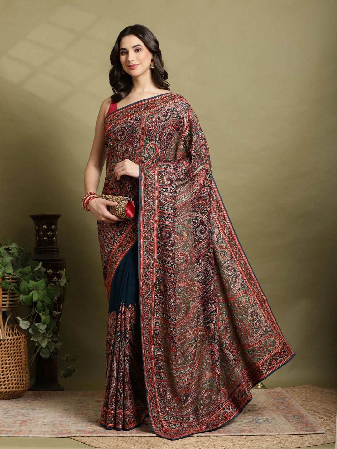 Teal Blue Embroidered Georgette Saree