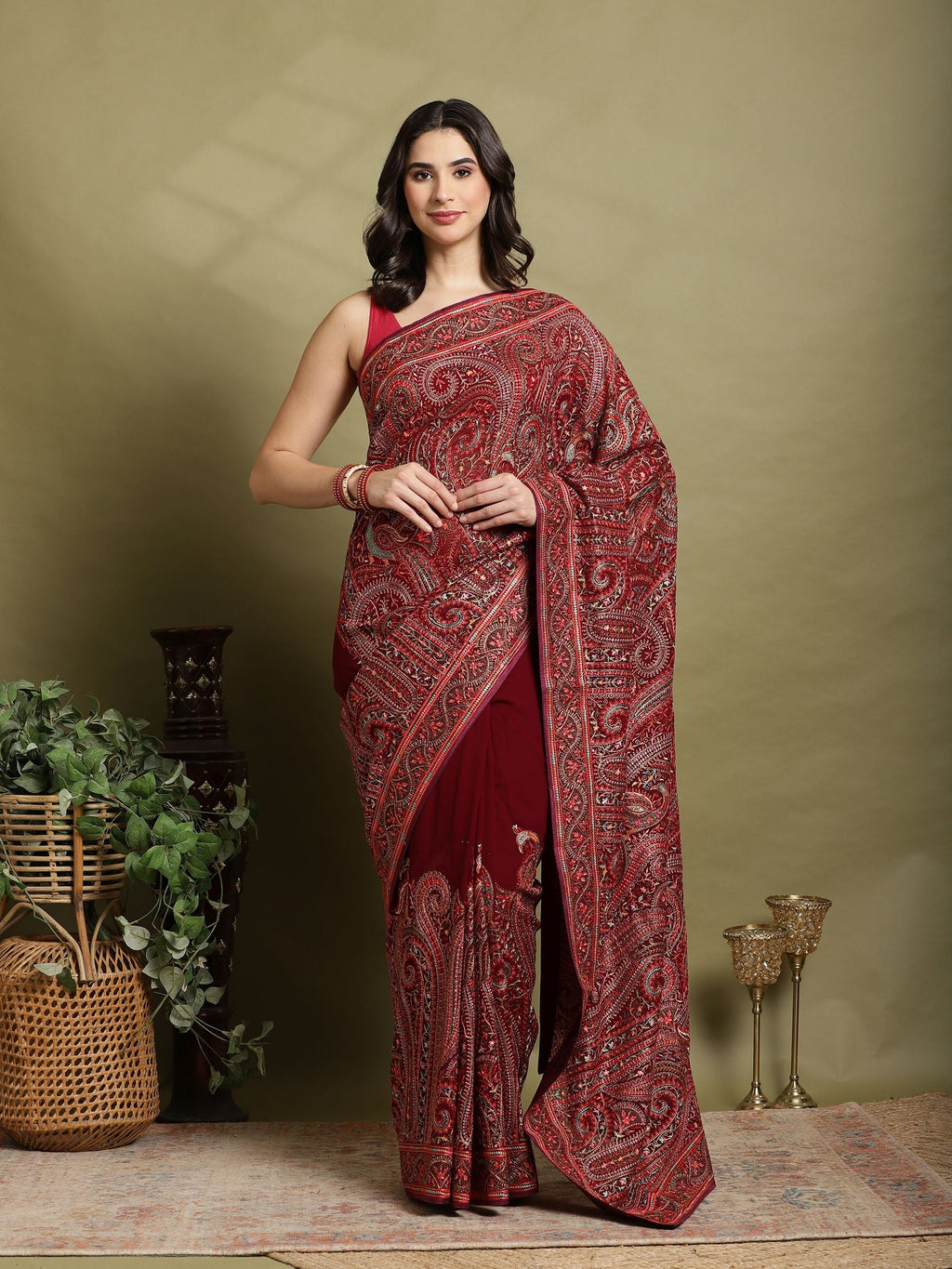 Wine Embroidered Georgette Saree