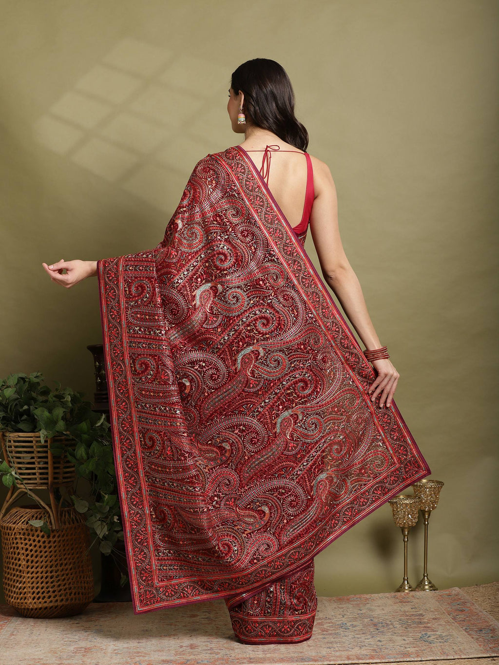 Wine Embroidered Georgette Saree