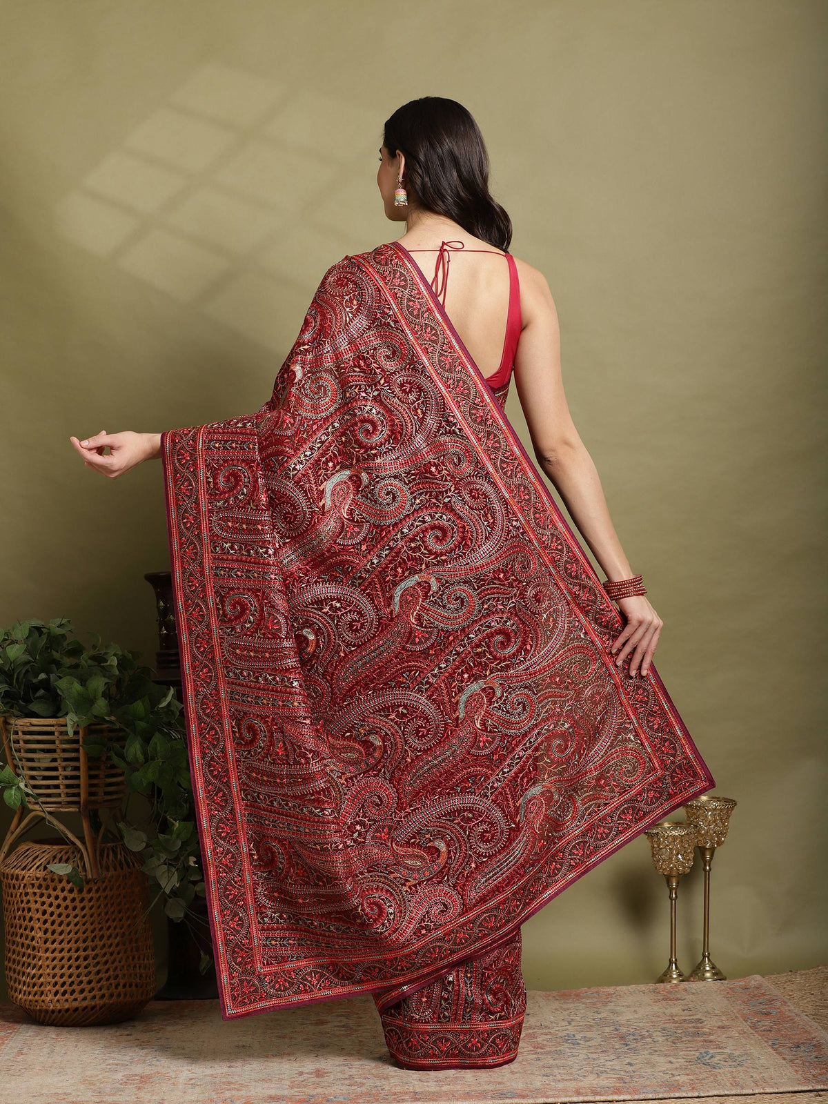 Wine Embroidered Georgette Saree