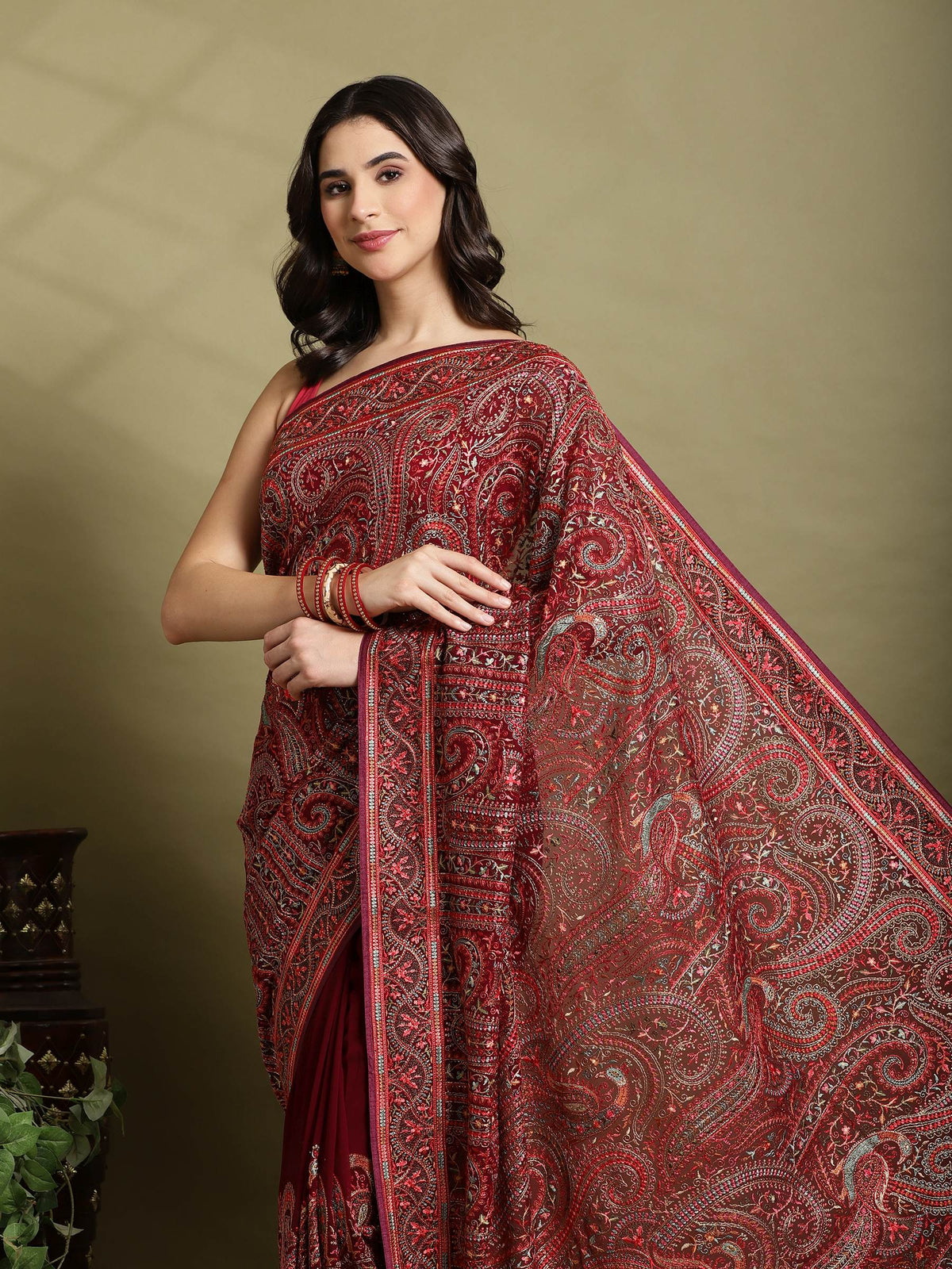 Wine Embroidered Georgette Saree
