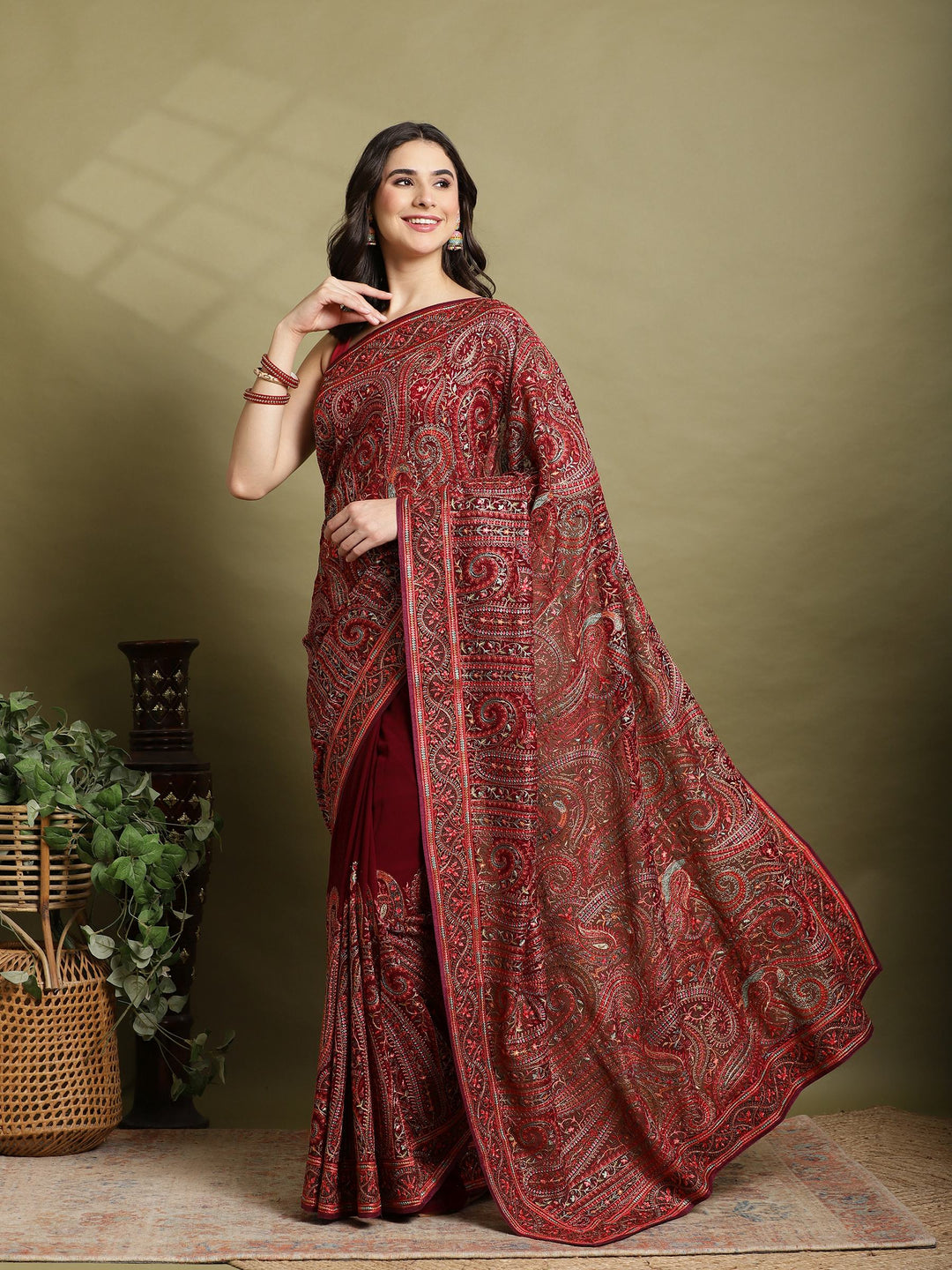 Wine Embroidered Georgette Saree