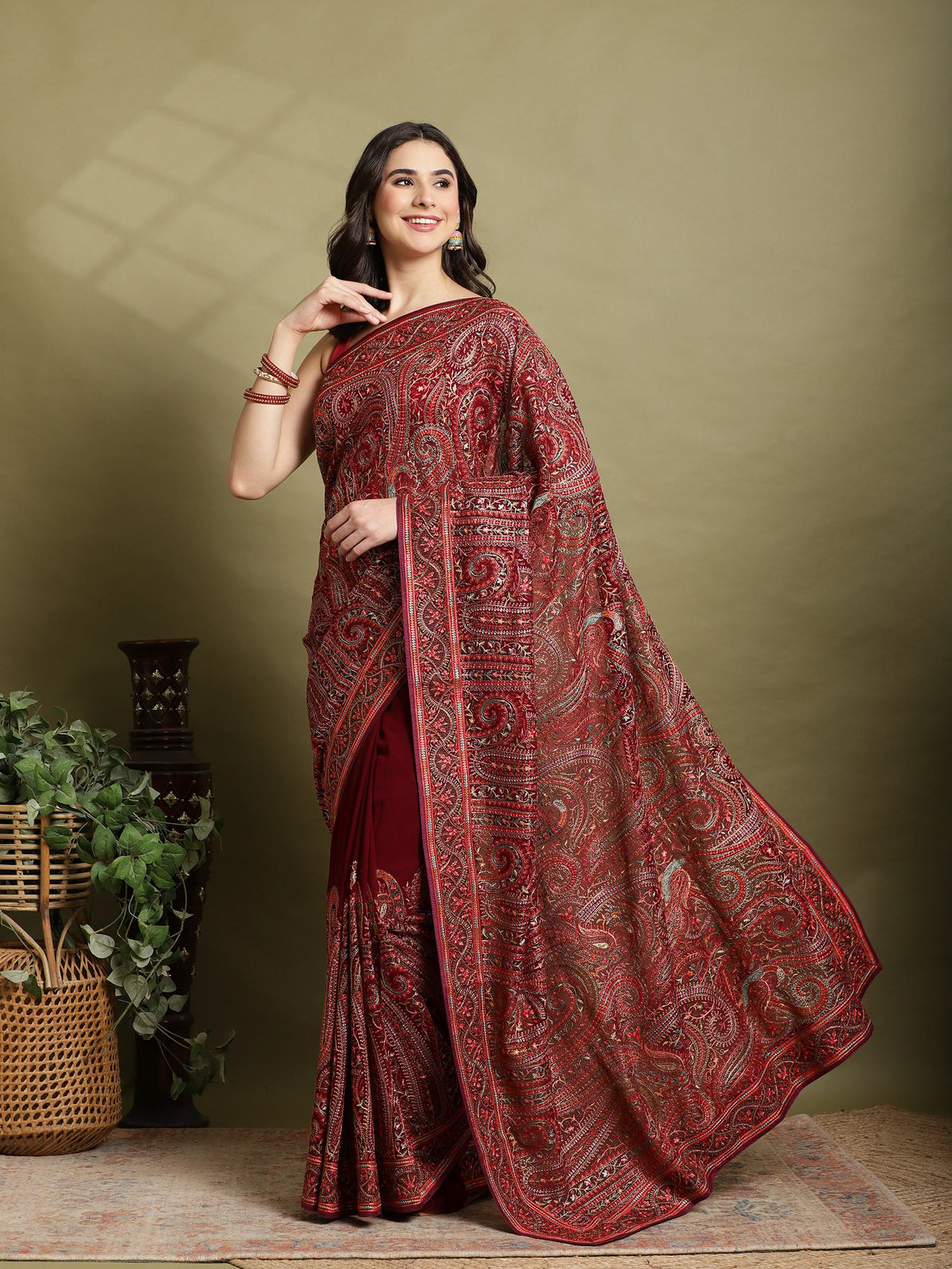 Wine Embroidered Georgette Saree