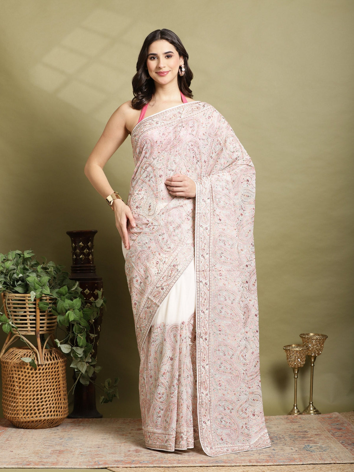 Off White Embroidered Georgette Saree