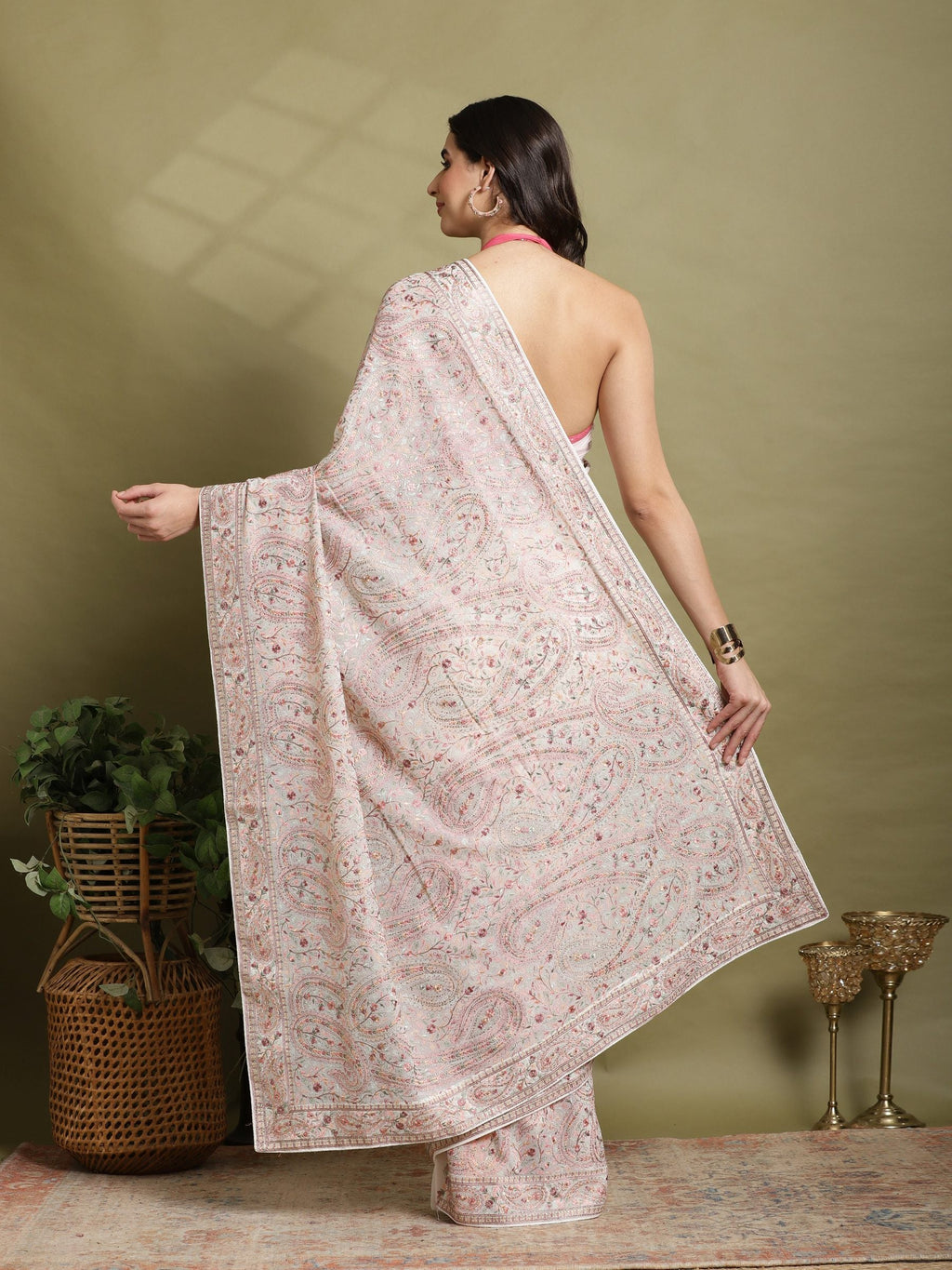 Off White Embroidered Georgette Saree