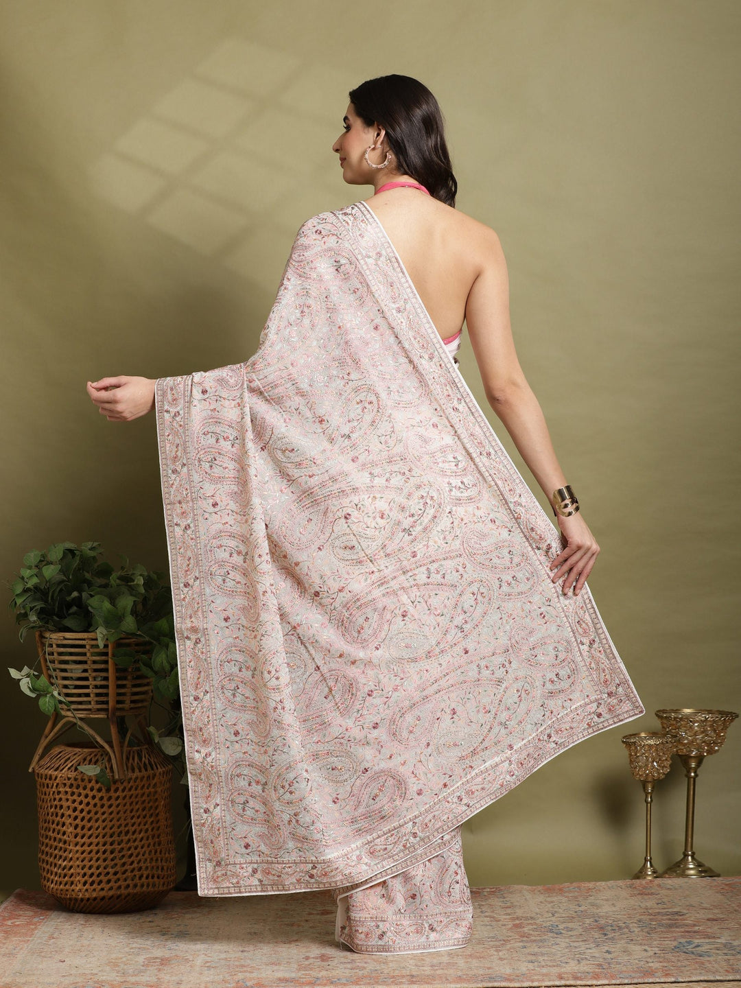 Off White Embroidered Georgette Saree