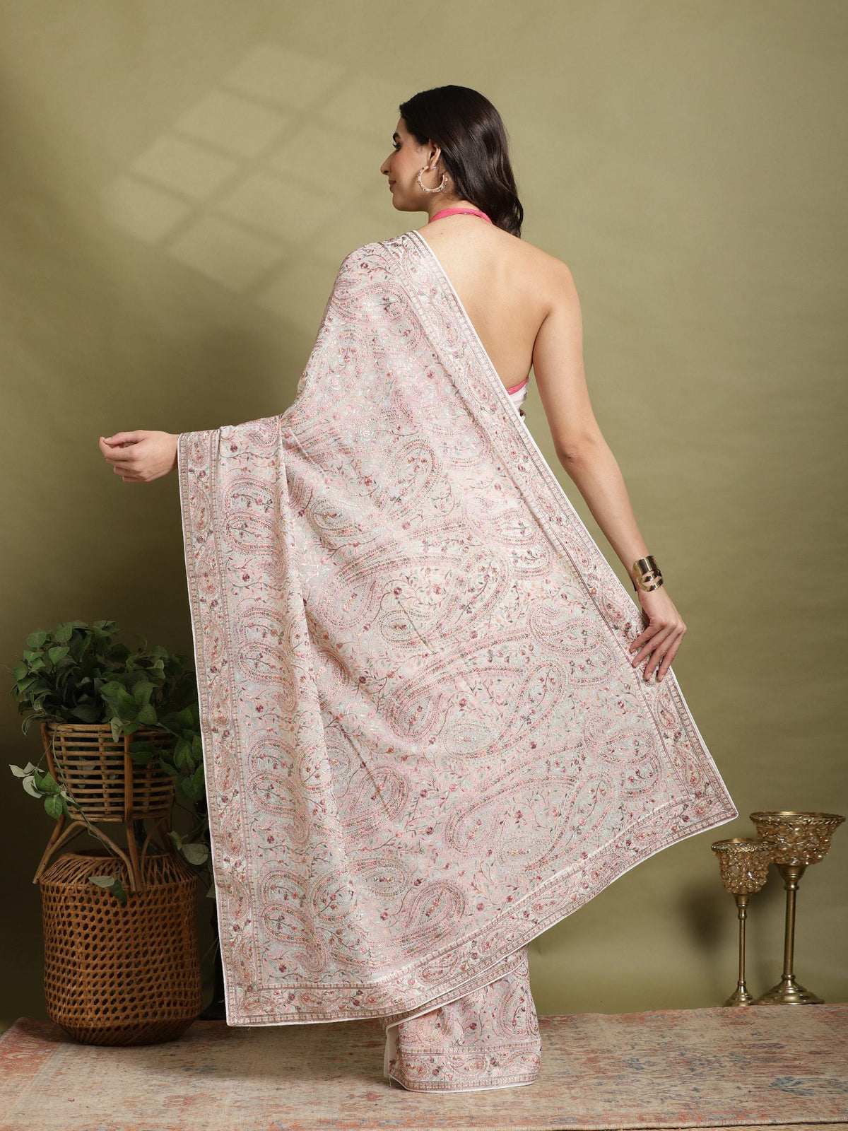 Off White Embroidered Georgette Saree