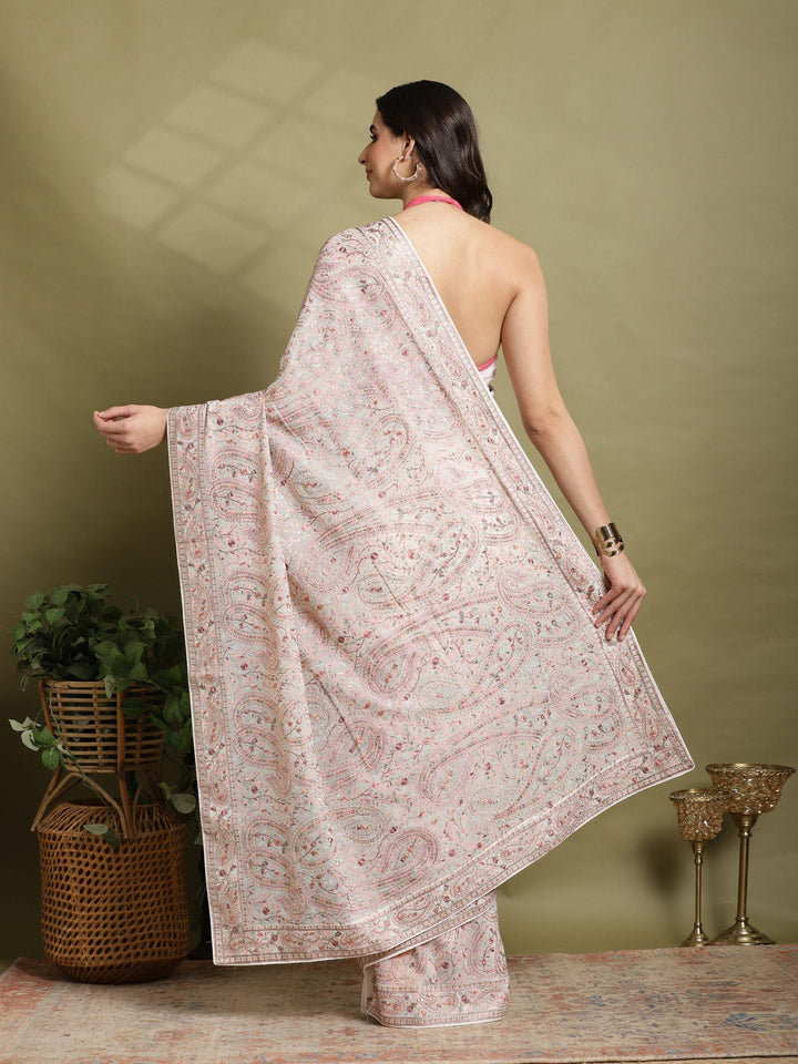 Off White Embroidered Georgette Saree