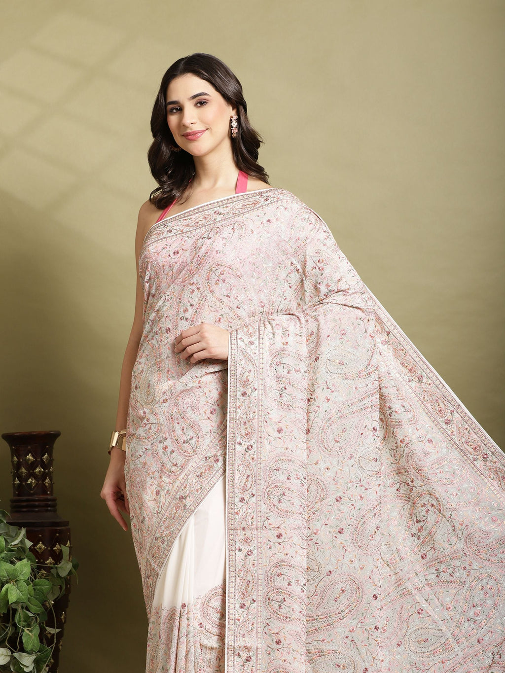 Off White Embroidered Georgette Saree