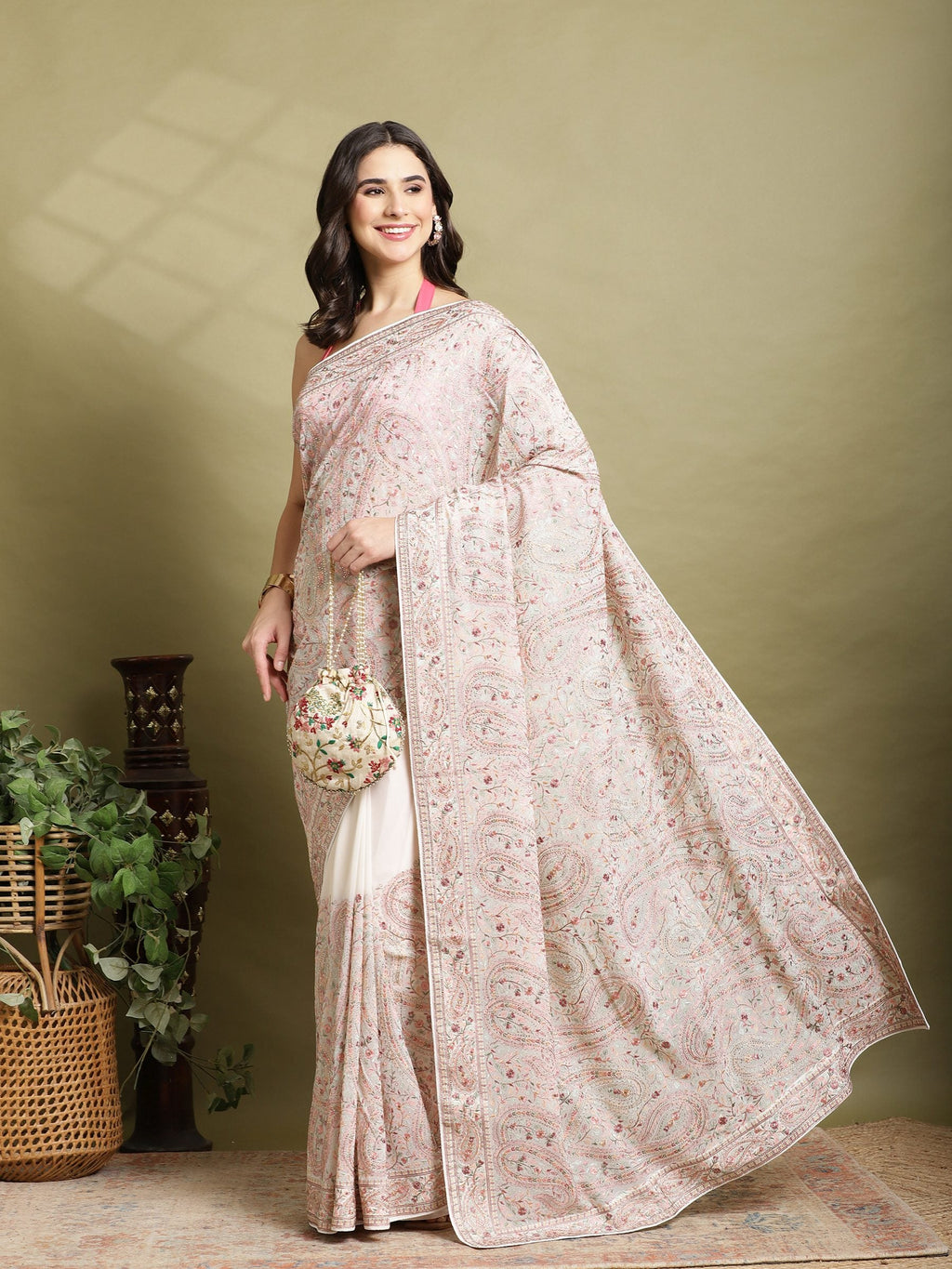Off White Embroidered Georgette Saree