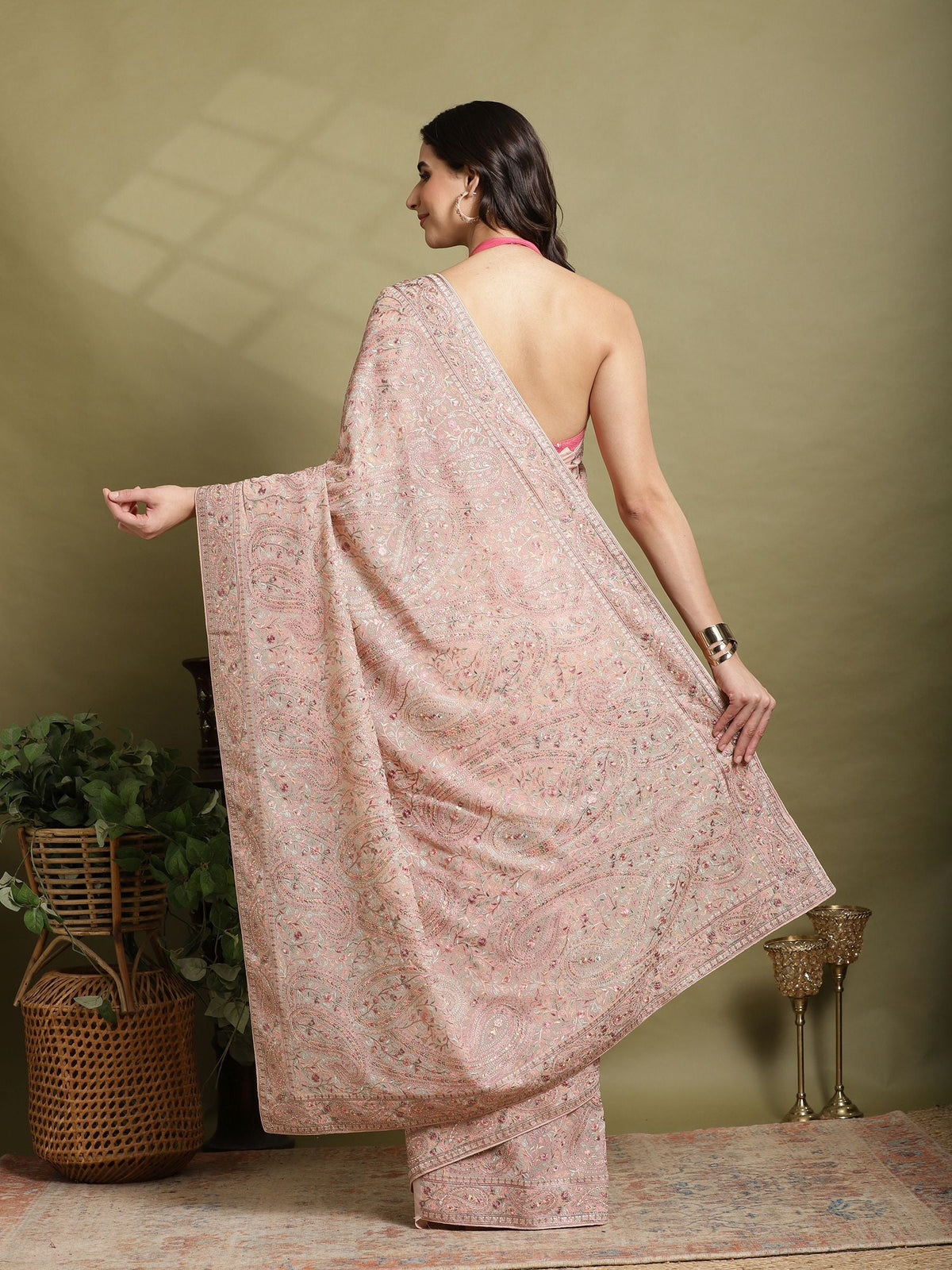 Peach Embroidered Georgette Saree