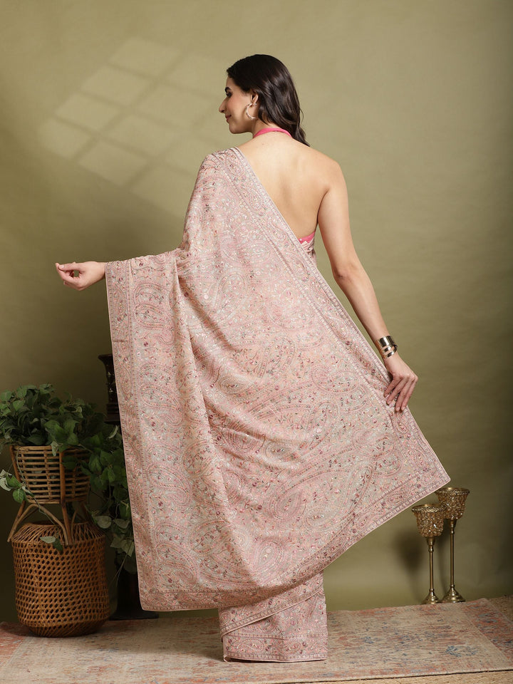 Peach Embroidered Georgette Saree