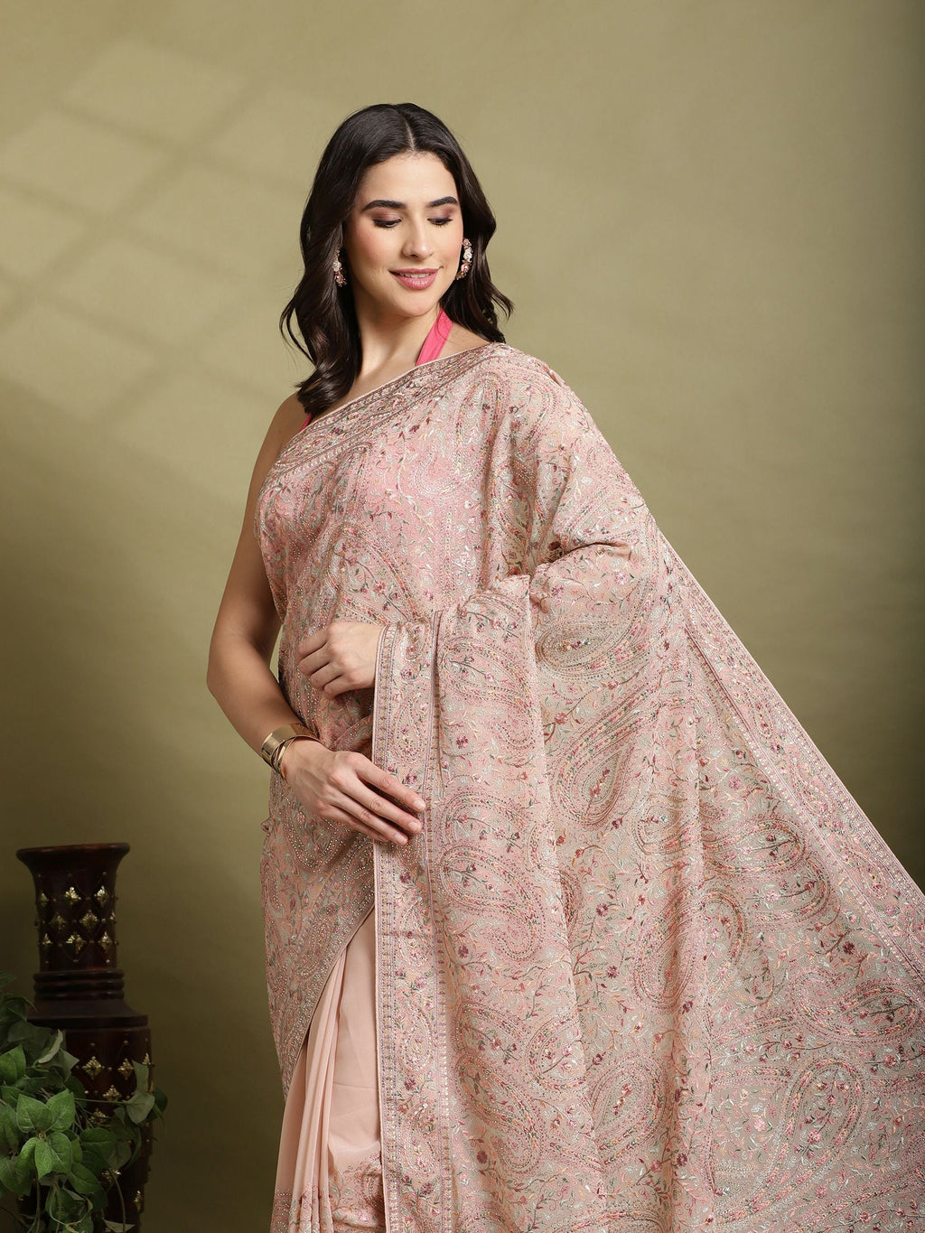 Peach Embroidered Georgette Saree