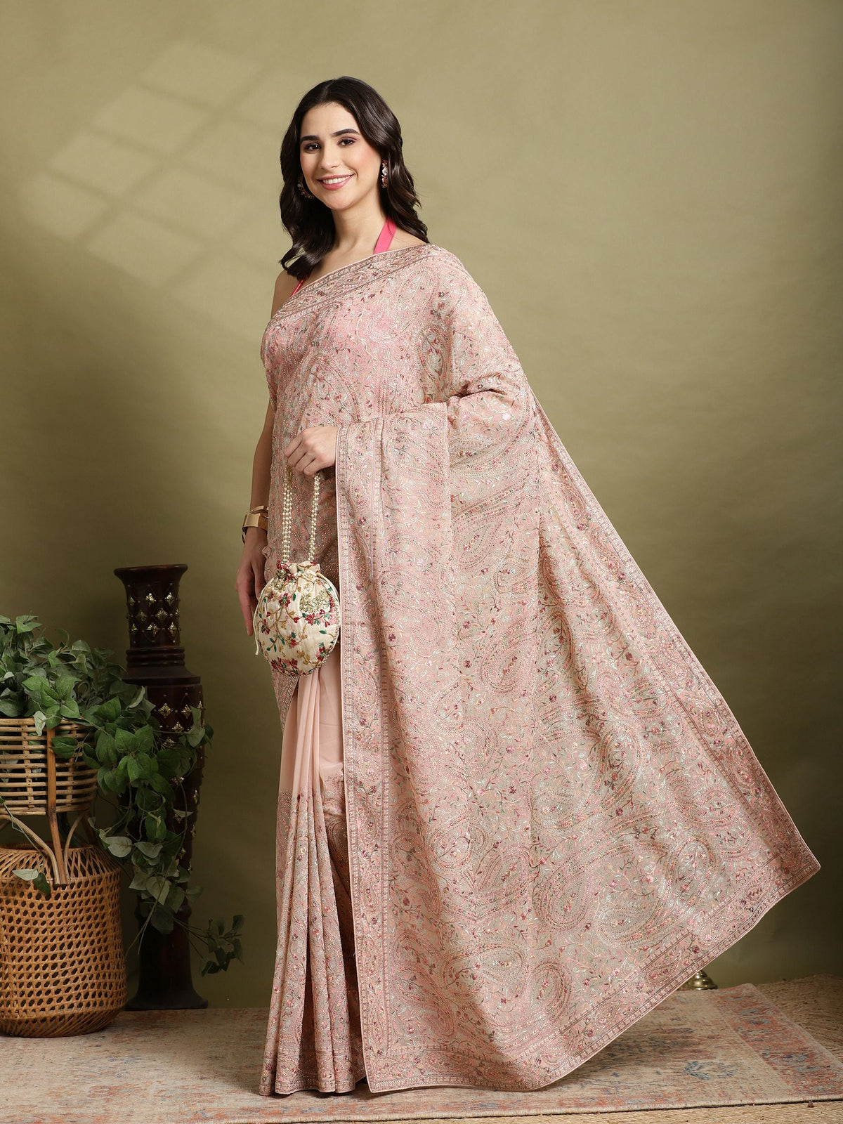 Peach Embroidered Georgette Saree