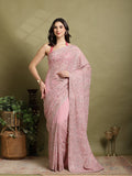 Pink Lavender Embroidered Georgette Saree